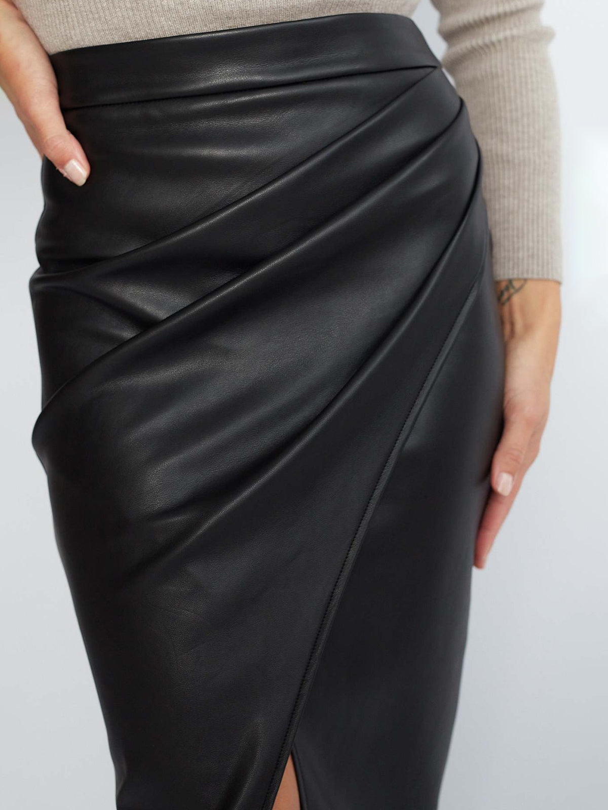 Pleated Split PU Leather Skirt-Chicvia
