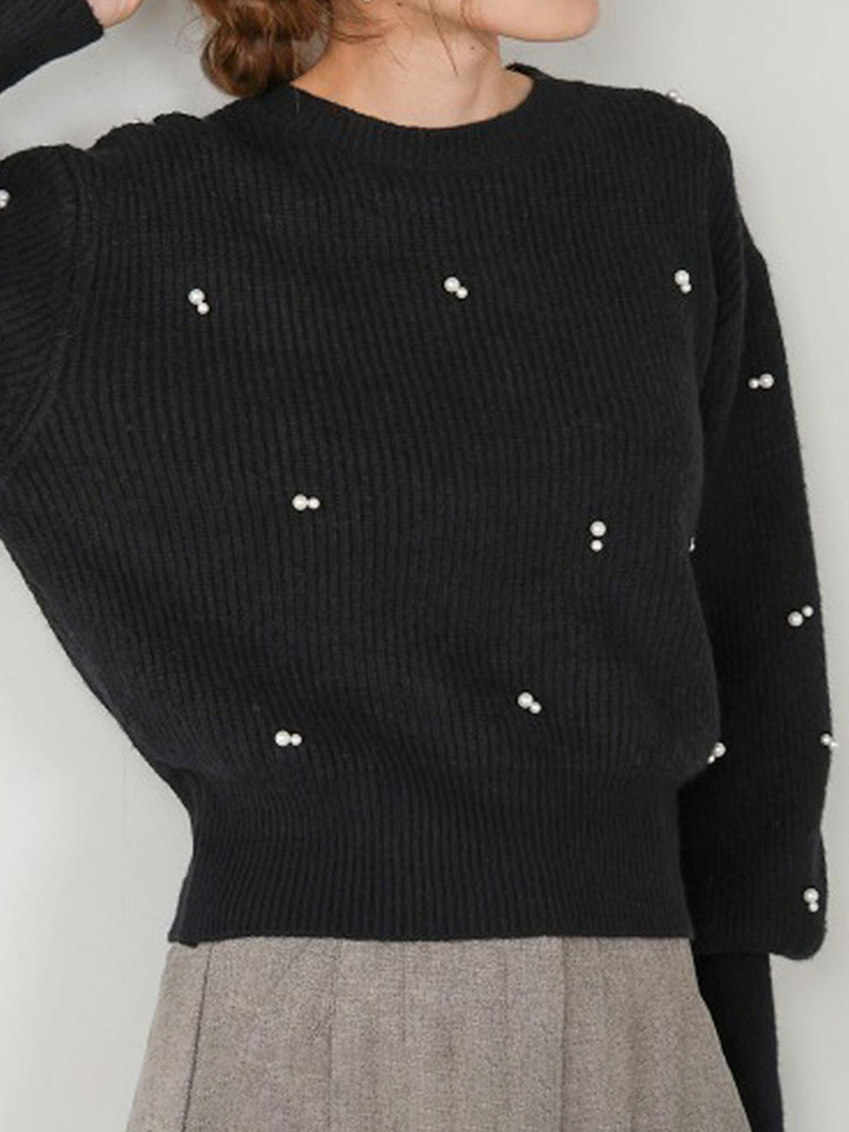 Pearl Beaded Cinched Sweater-Chicvia