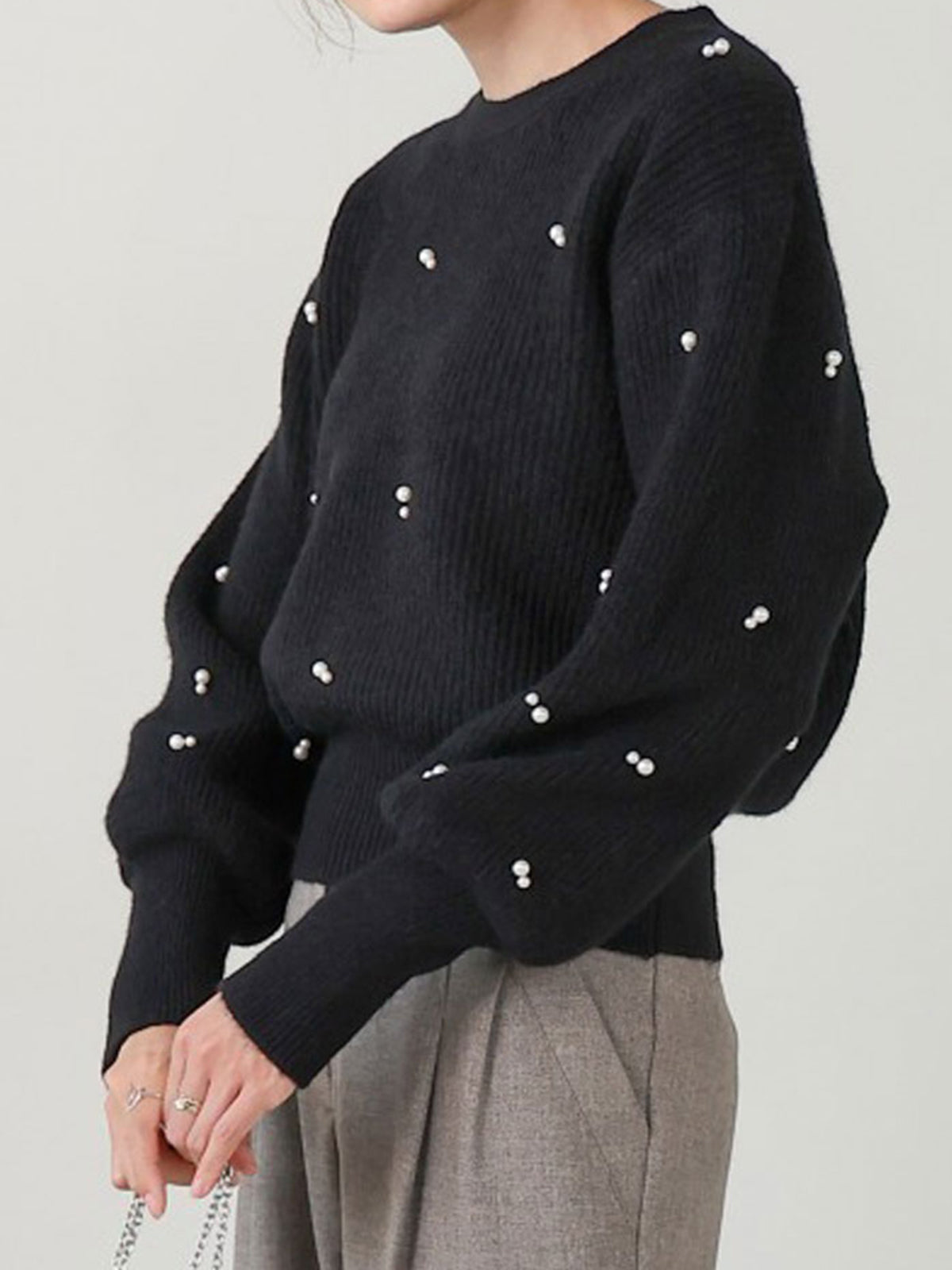 Pearl Beaded Cinched Sweater-Chicvia