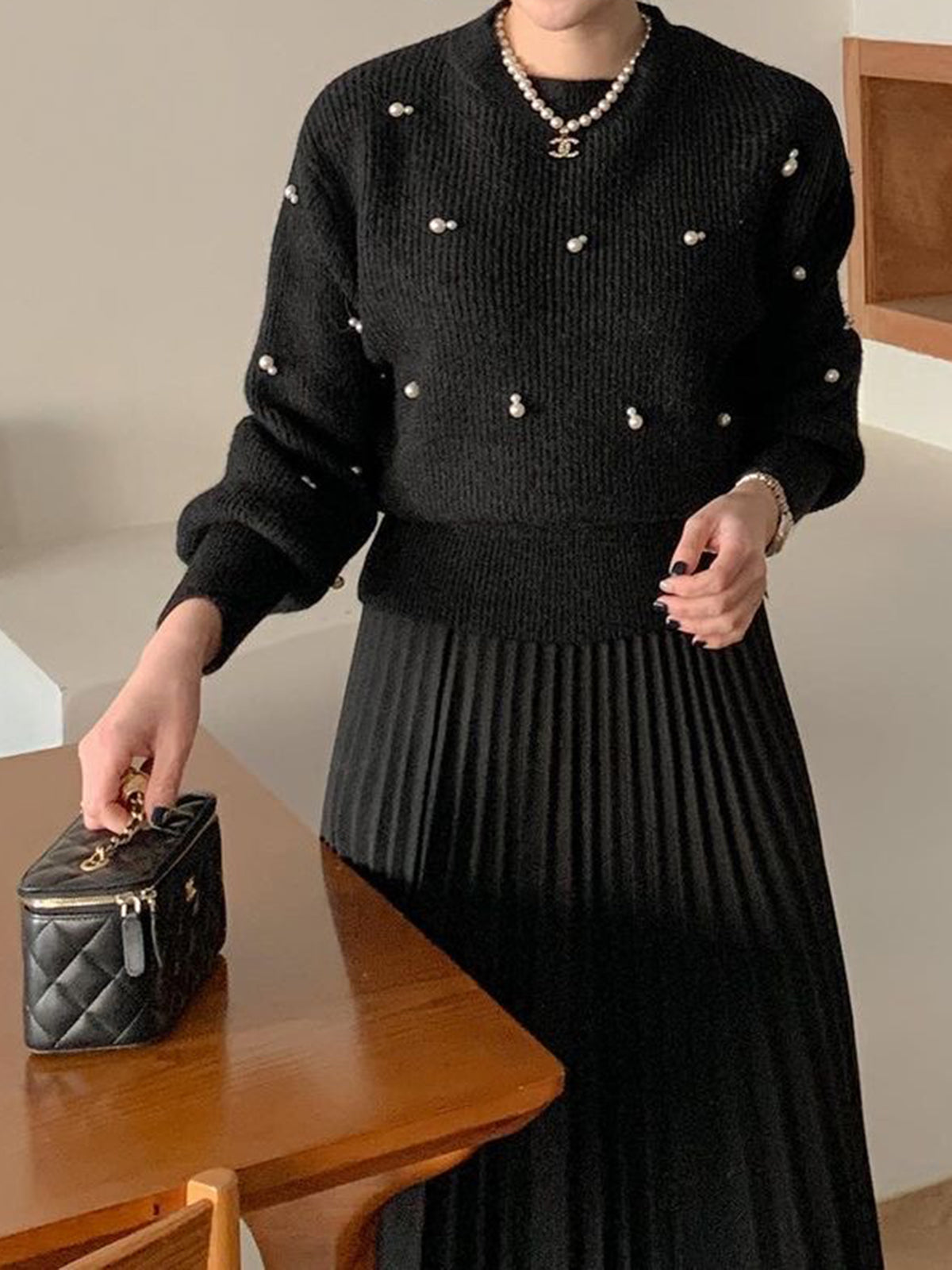 Pearl Beaded Cinched Sweater-Chicvia