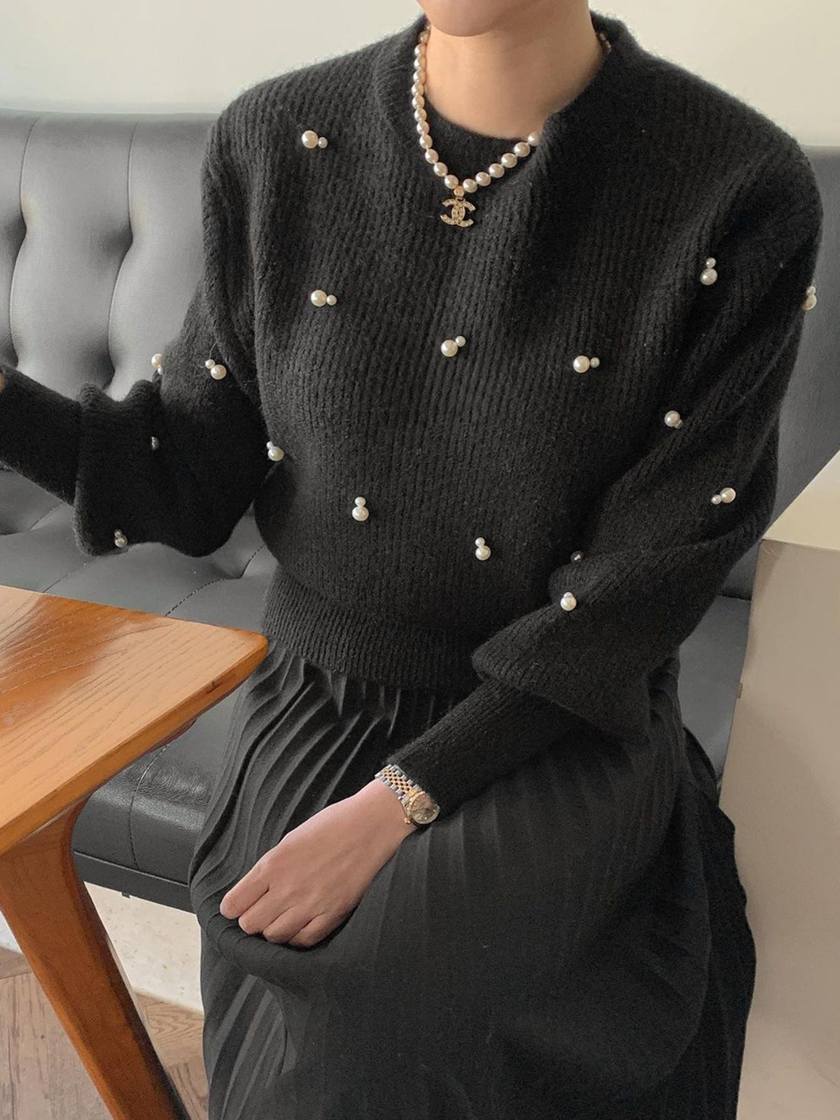 Pearl Beaded Cinched Sweater-Chicvia