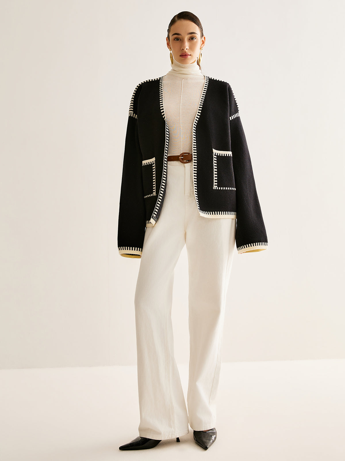 Contrast Binding Split Cardigan With Belt-Chicvia