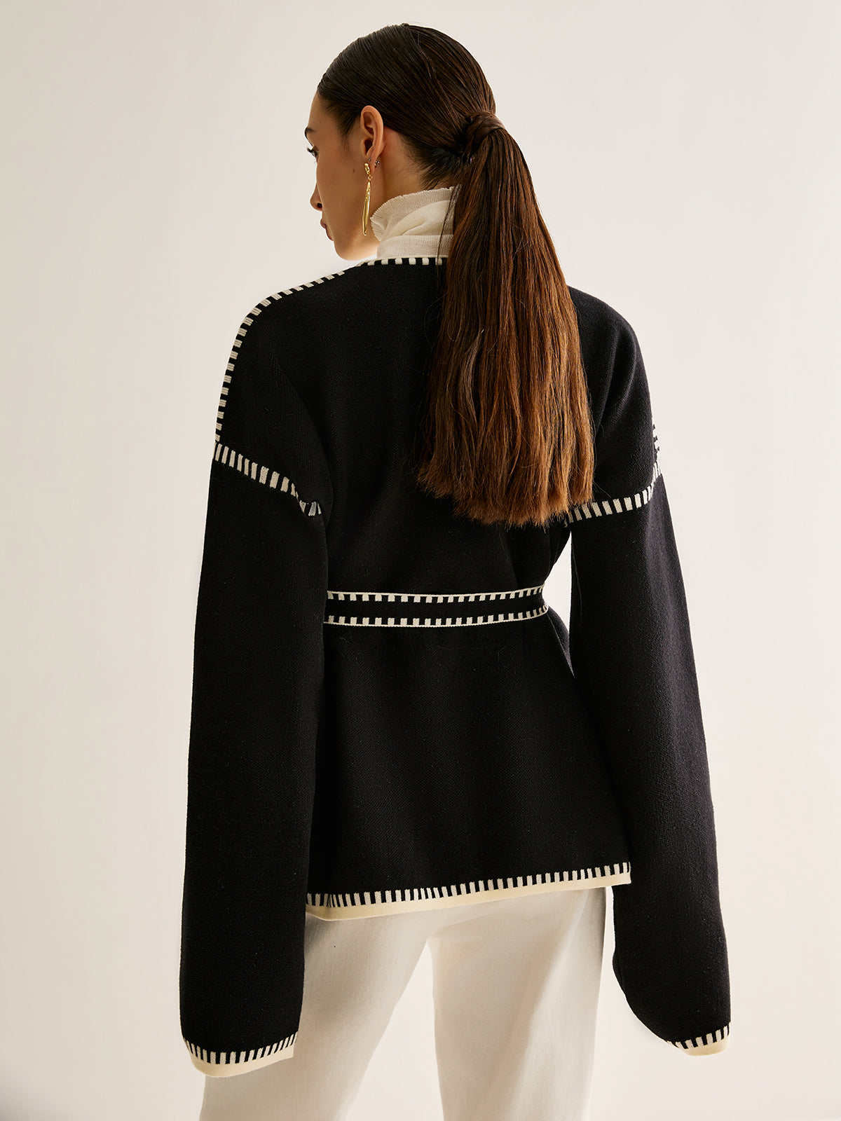 Contrast Binding Split Cardigan With Belt-Chicvia