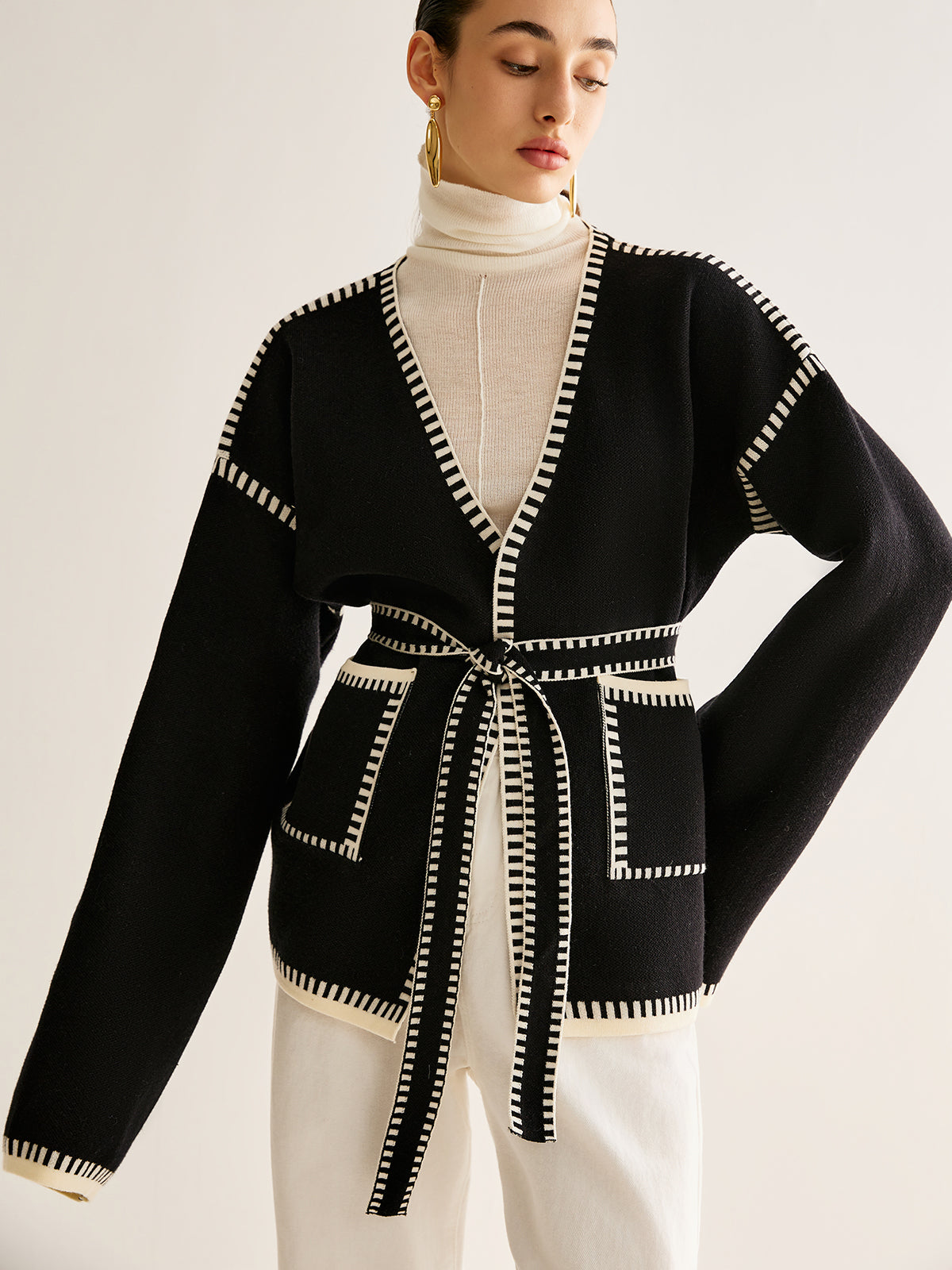 Contrast Binding Split Cardigan With Belt-Chicvia