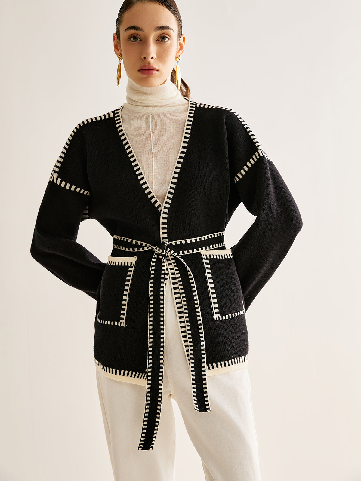 Contrast Binding Split Cardigan With Belt-Chicvia