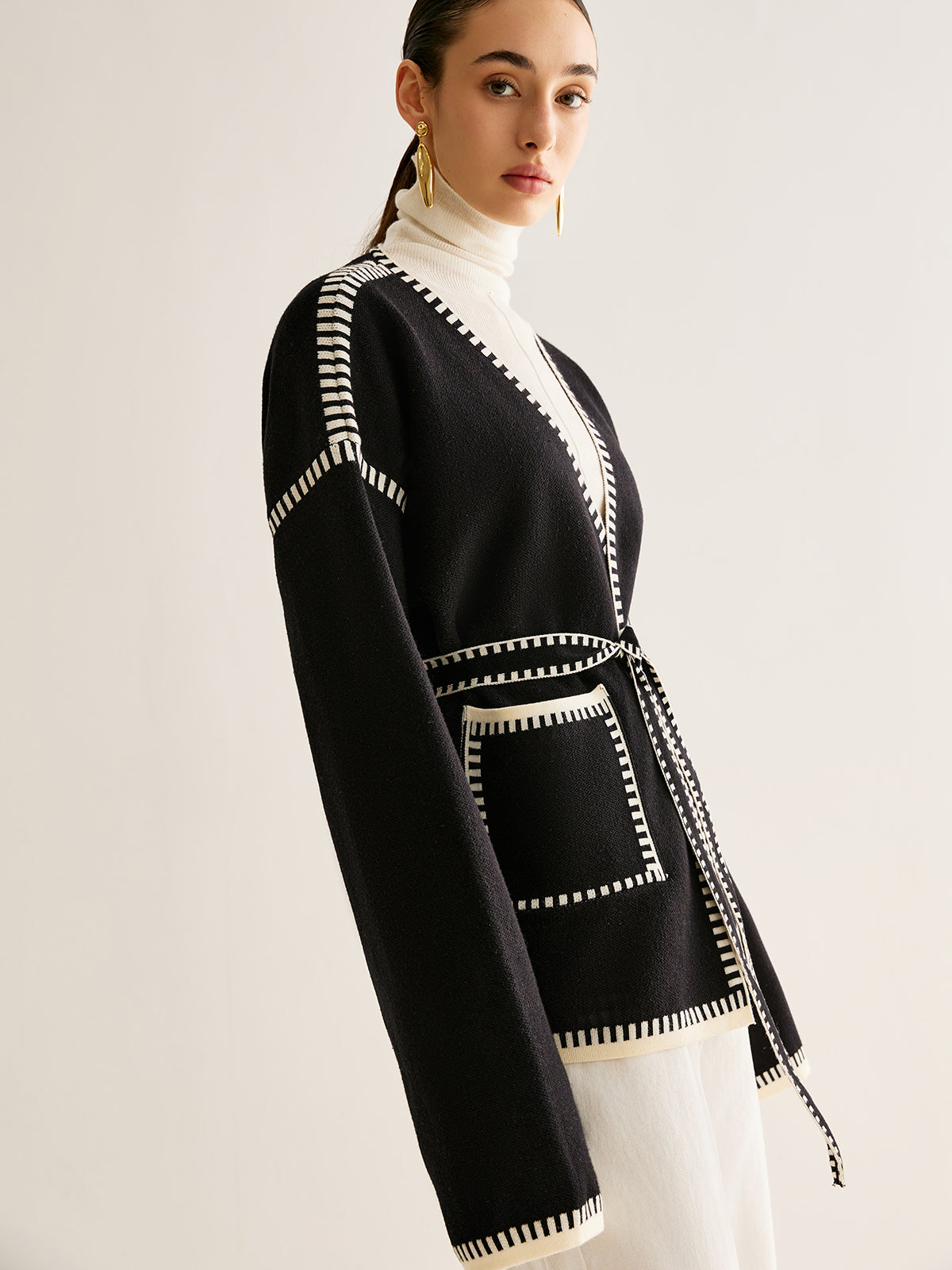 Contrast Binding Split Cardigan With Belt-Chicvia