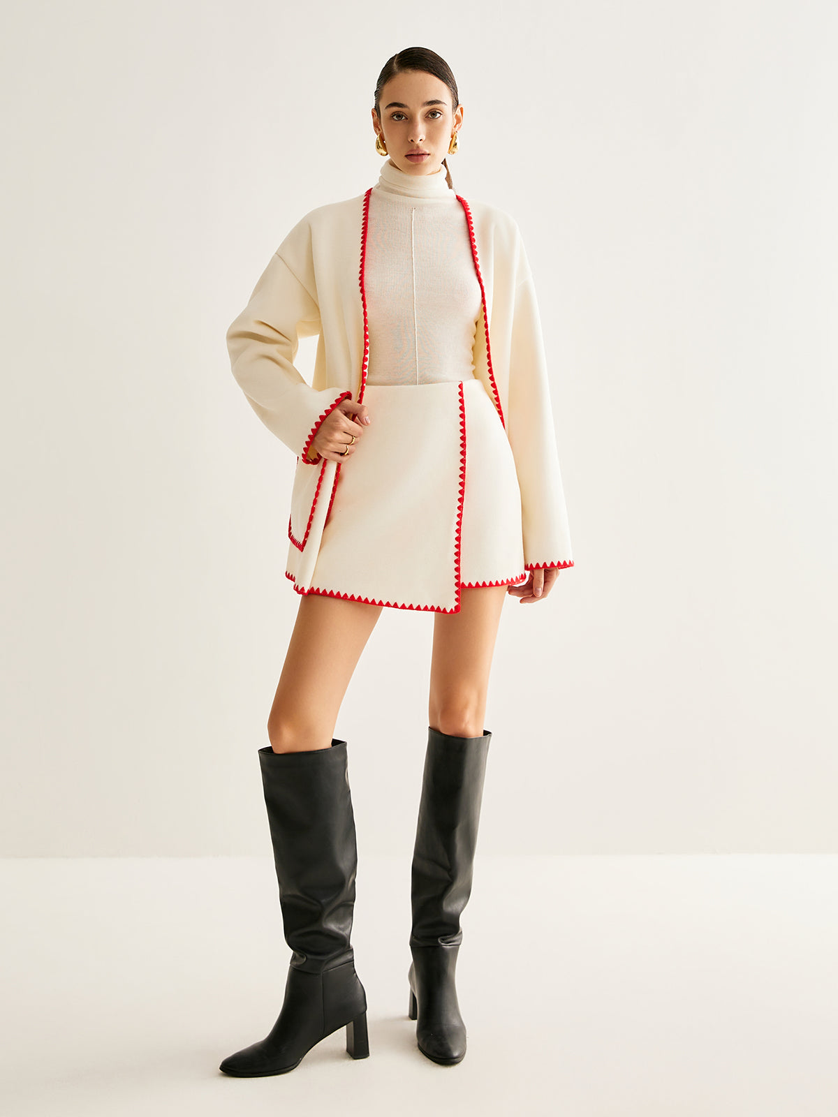 Embroidered Trim Tweed Coat With Matching Scarf-Chicvia