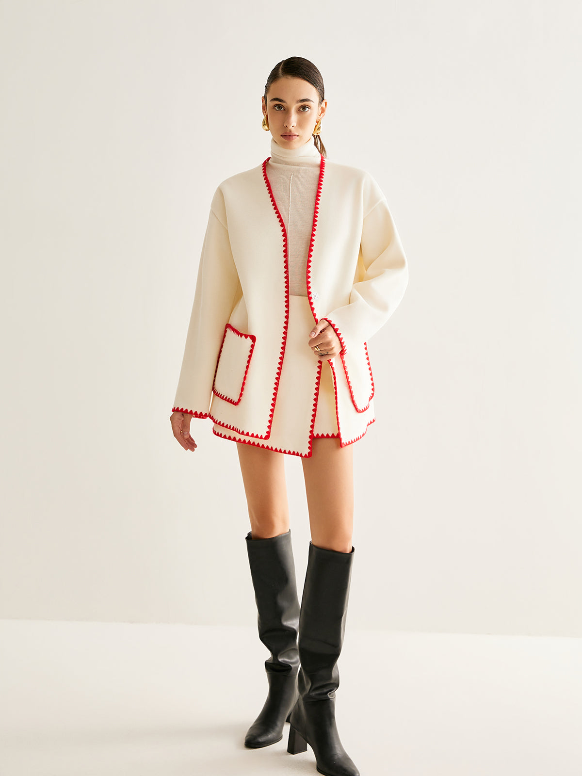 Embroidered Trim Tweed Coat With Matching Scarf-Chicvia