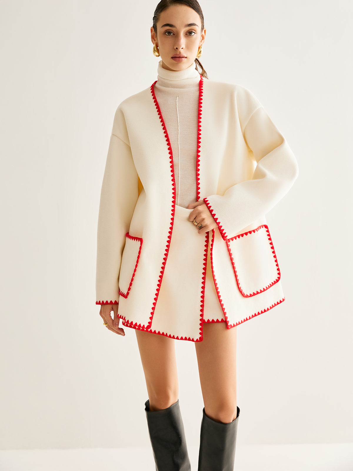 Embroidered Trim Tweed Coat With Matching Scarf-Chicvia