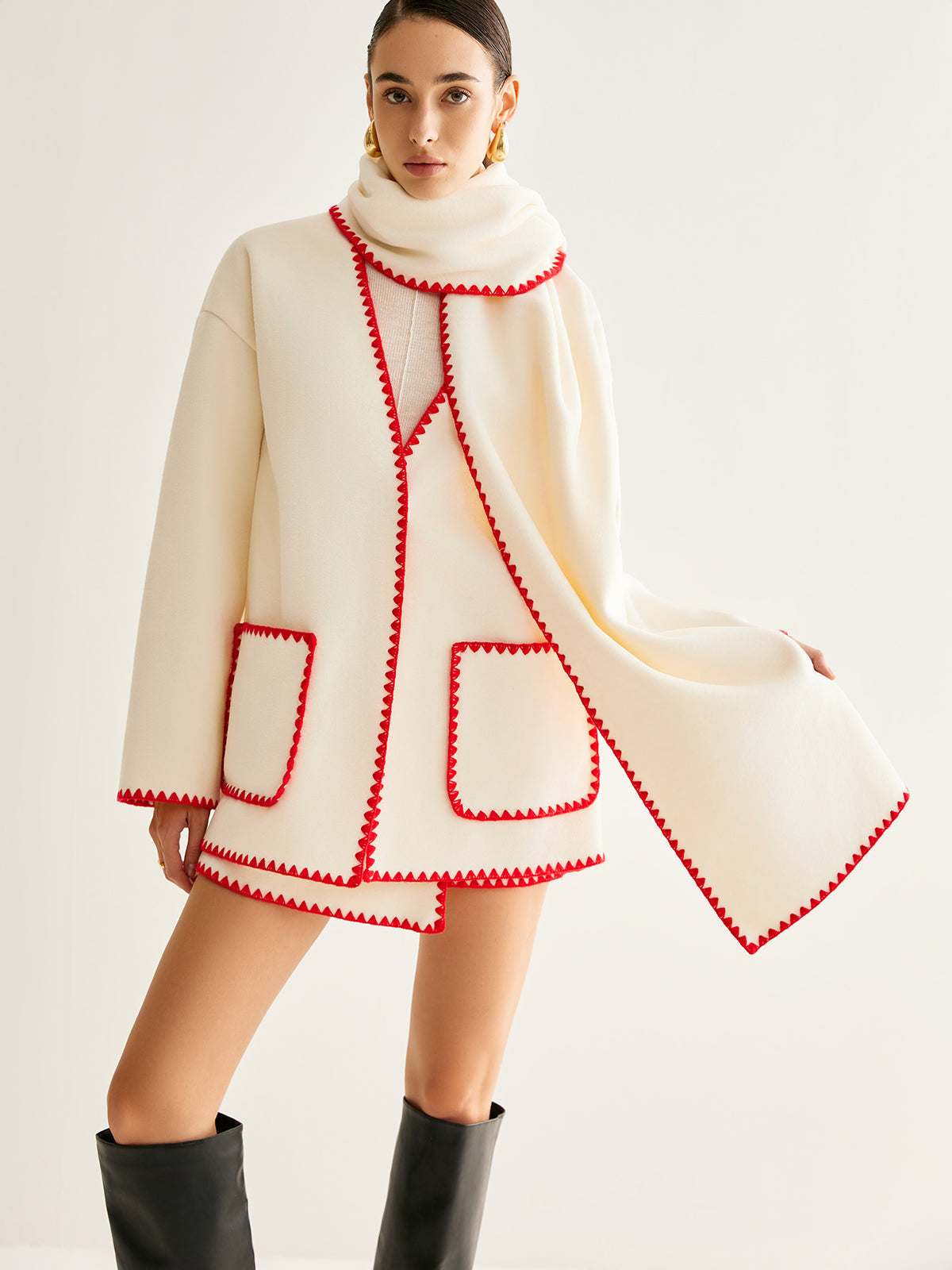 Embroidered Trim Tweed Coat With Matching Scarf-Chicvia