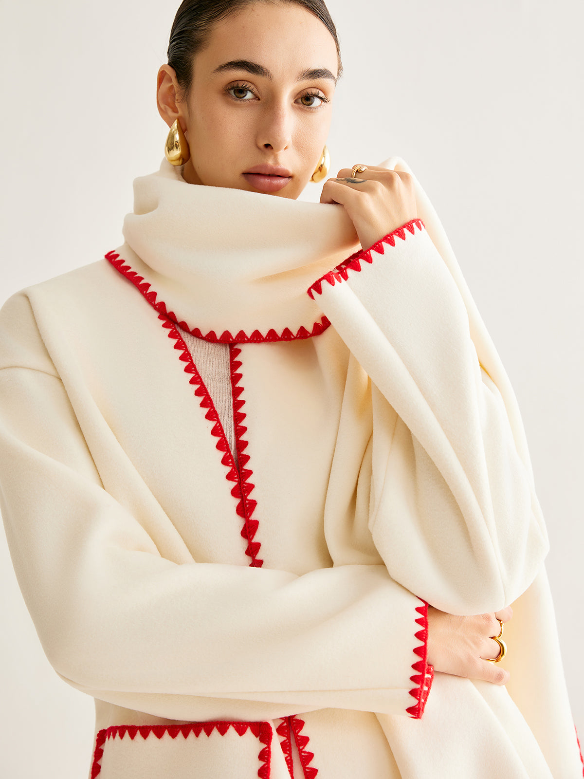 Embroidered Trim Tweed Coat With Matching Scarf-Chicvia