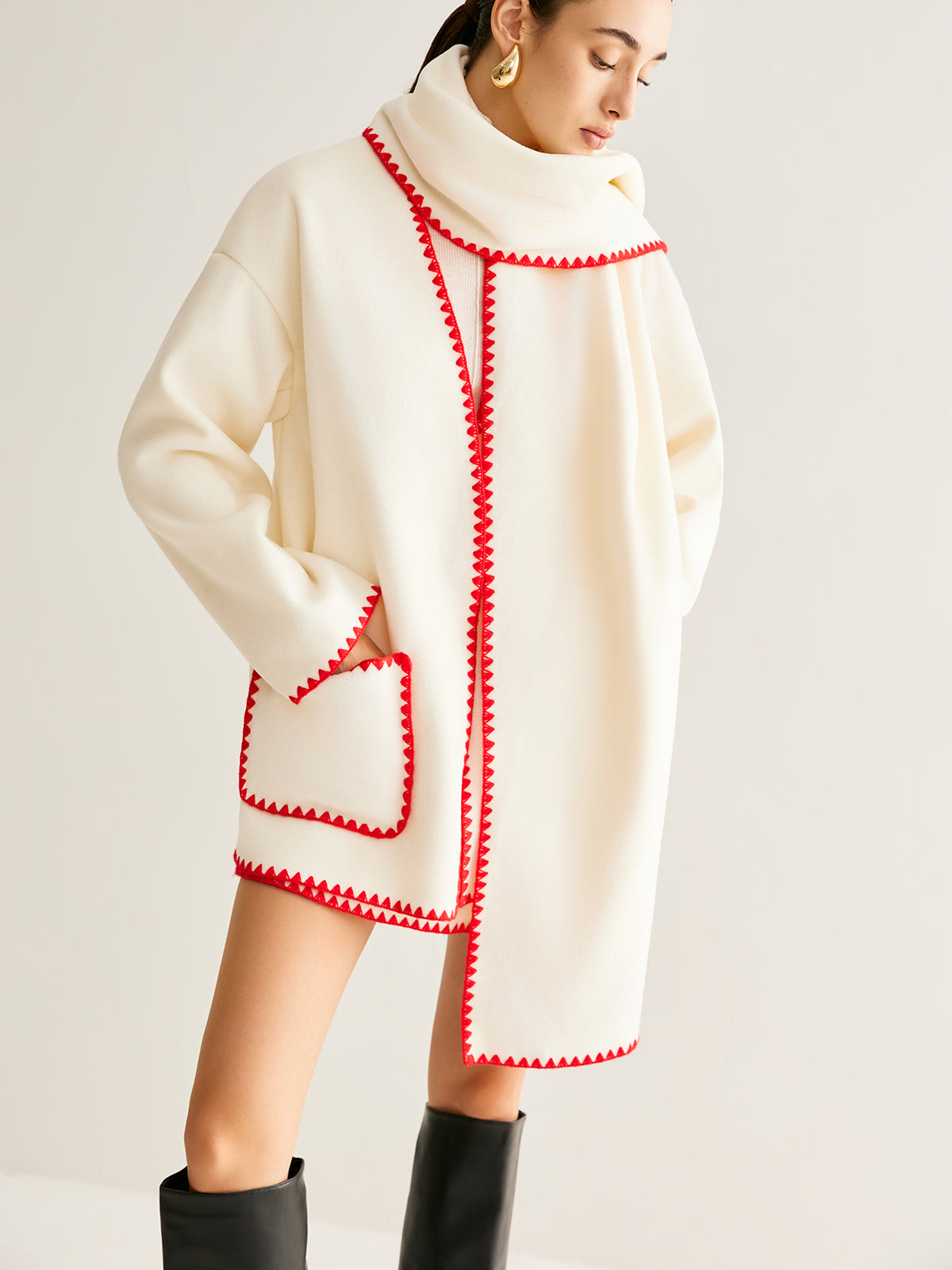 Embroidered Trim Tweed Coat With Matching Scarf-Chicvia