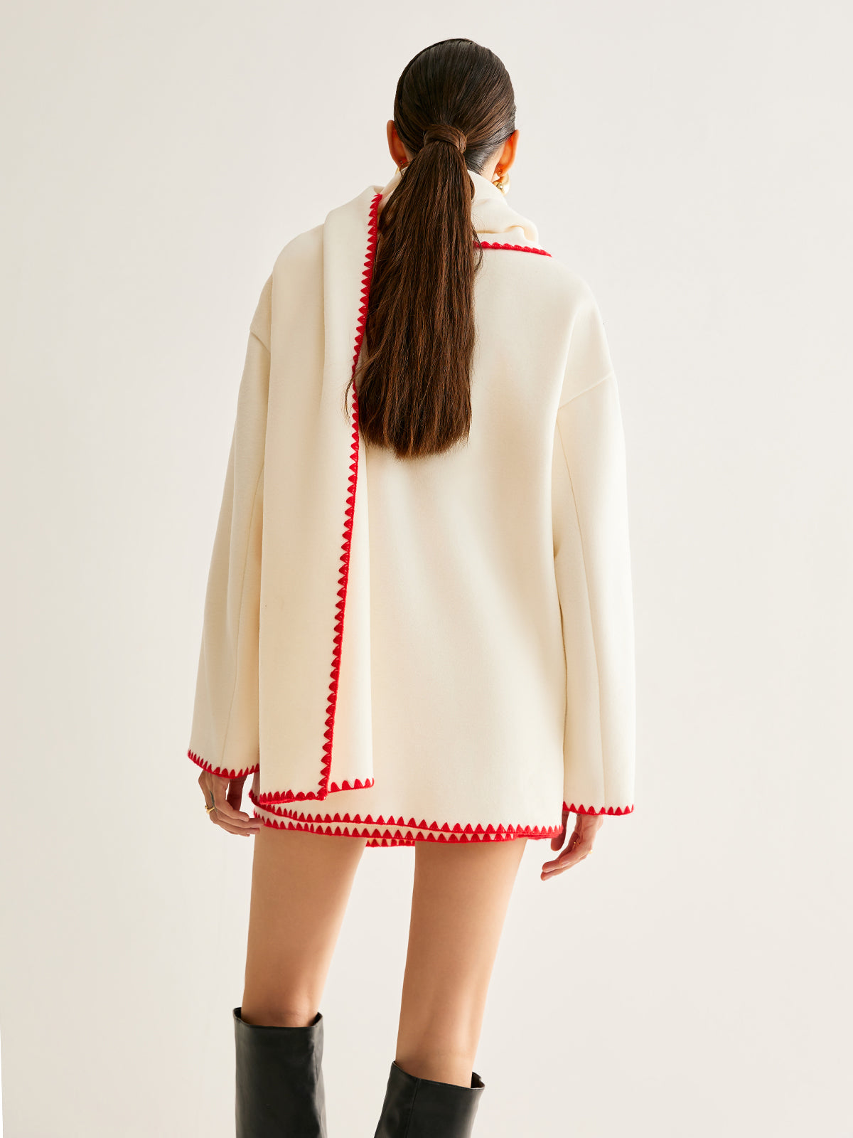 Embroidered Trim Tweed Coat With Matching Scarf-Chicvia