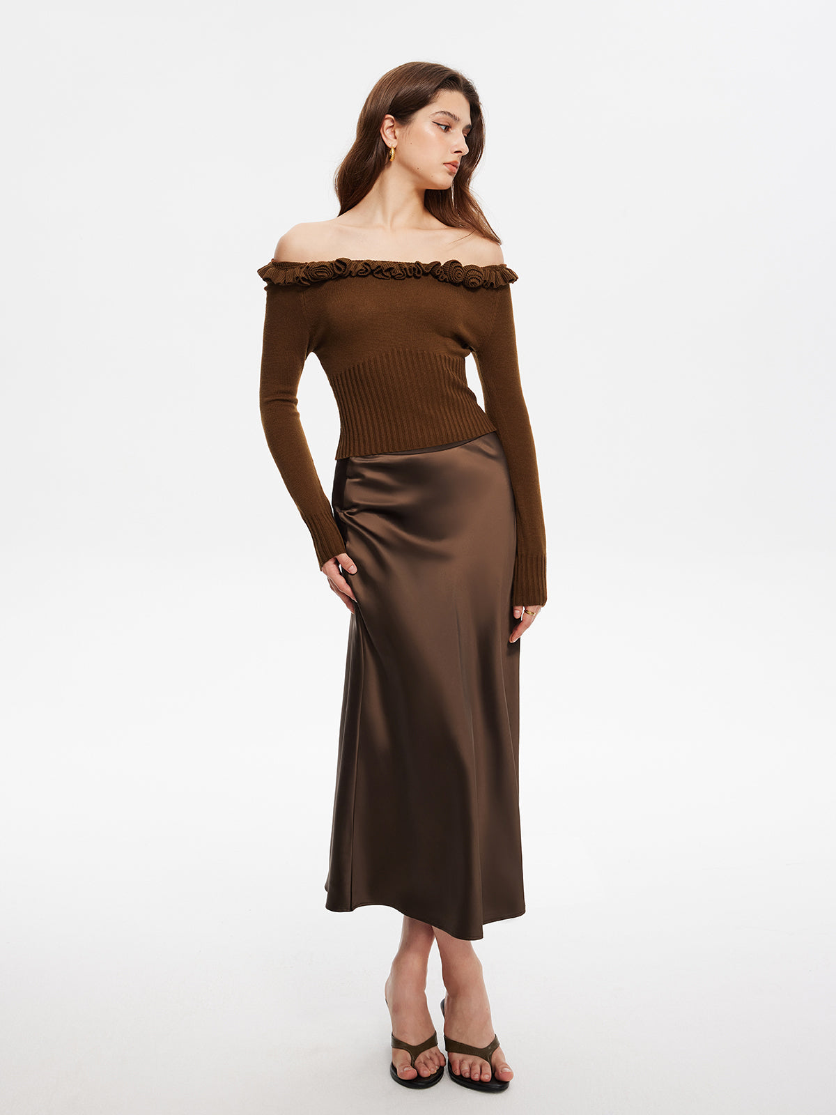 Cashmere-Blend Off-Shoulder Ruffle Sweater-Chicvia