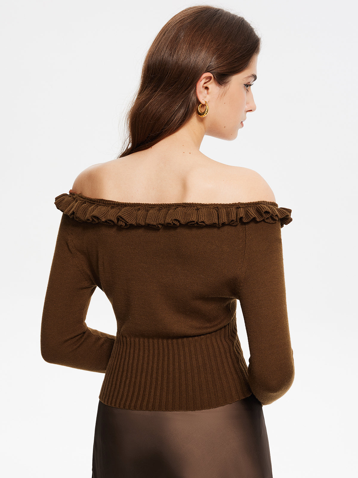 Cashmere-Blend Off-Shoulder Ruffle Sweater-Chicvia