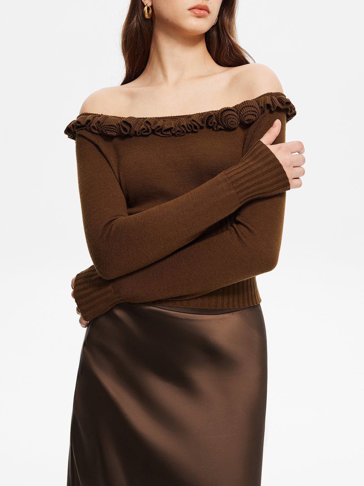 Cashmere-Blend Off-Shoulder Ruffle Sweater-Chicvia