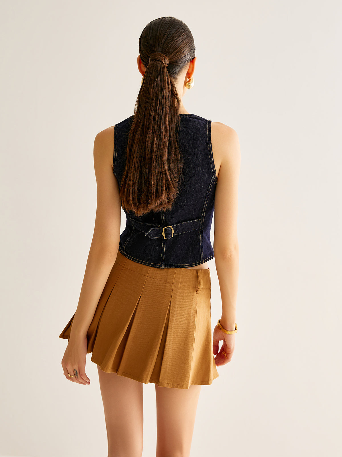 Denim Vest With Back Belt-Chicvia