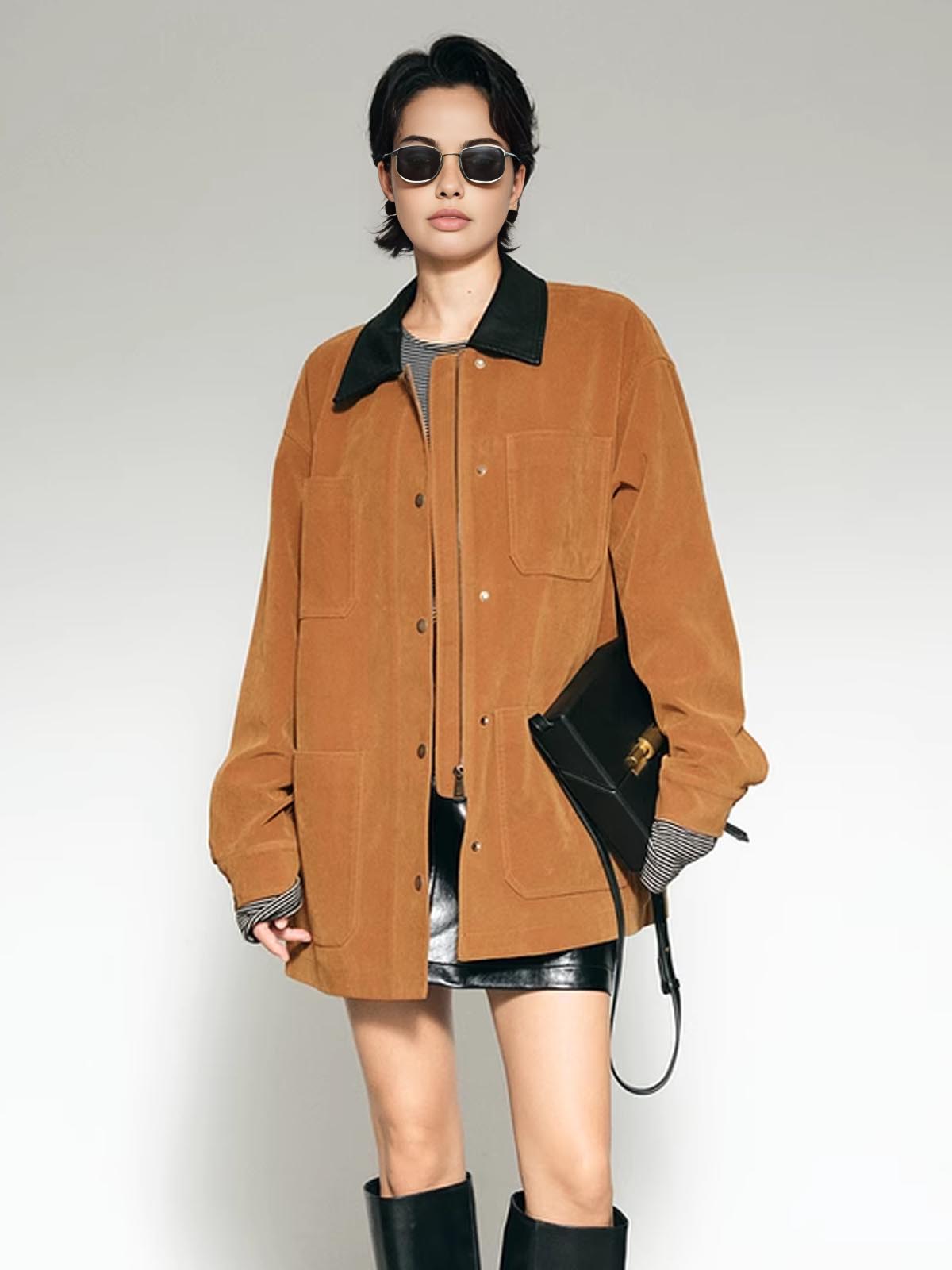 Contrast Collar Oversized Suede Effect Jacket-Chicvia