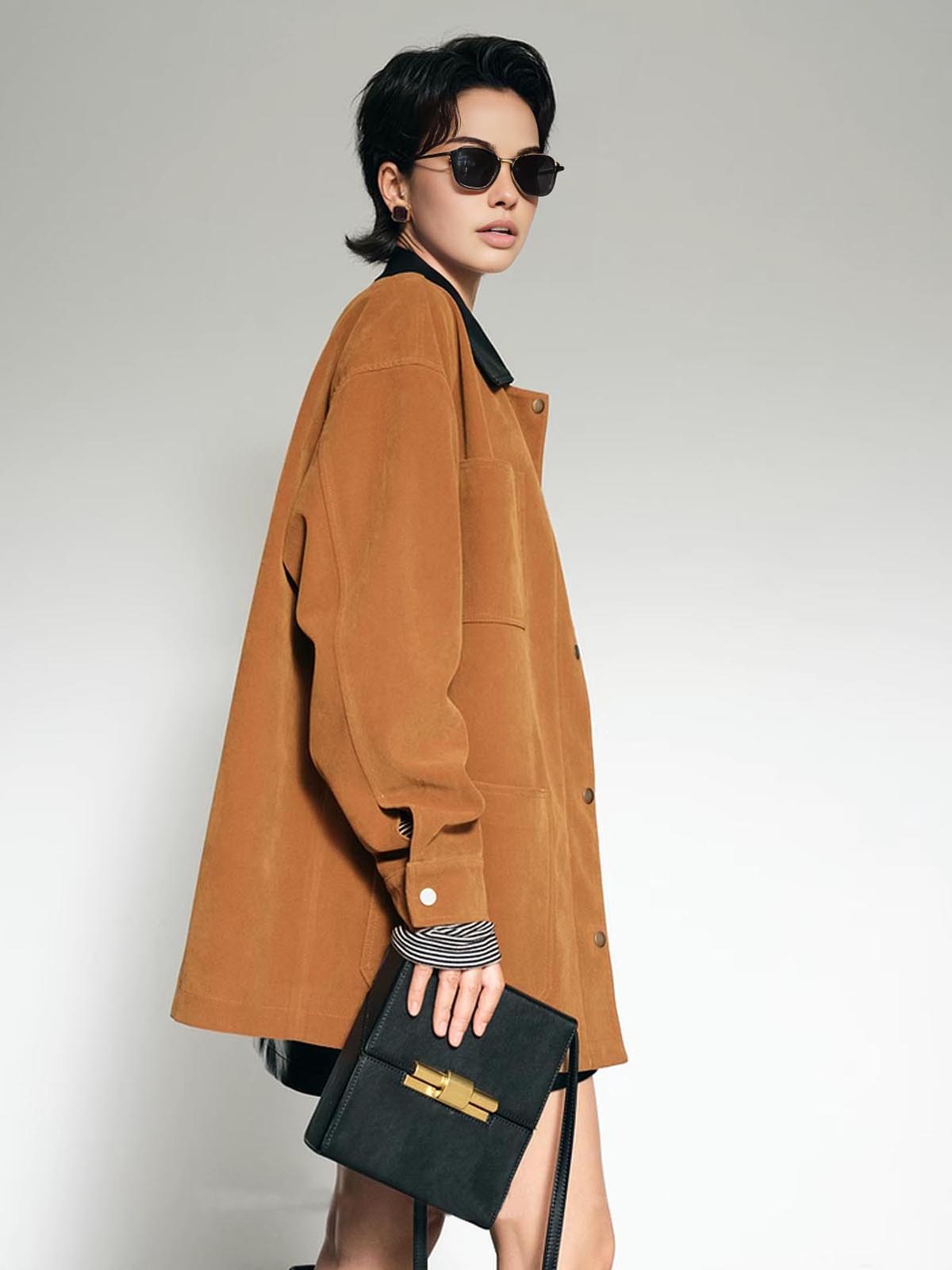Contrast Collar Oversized Suede Effect Jacket-Chicvia