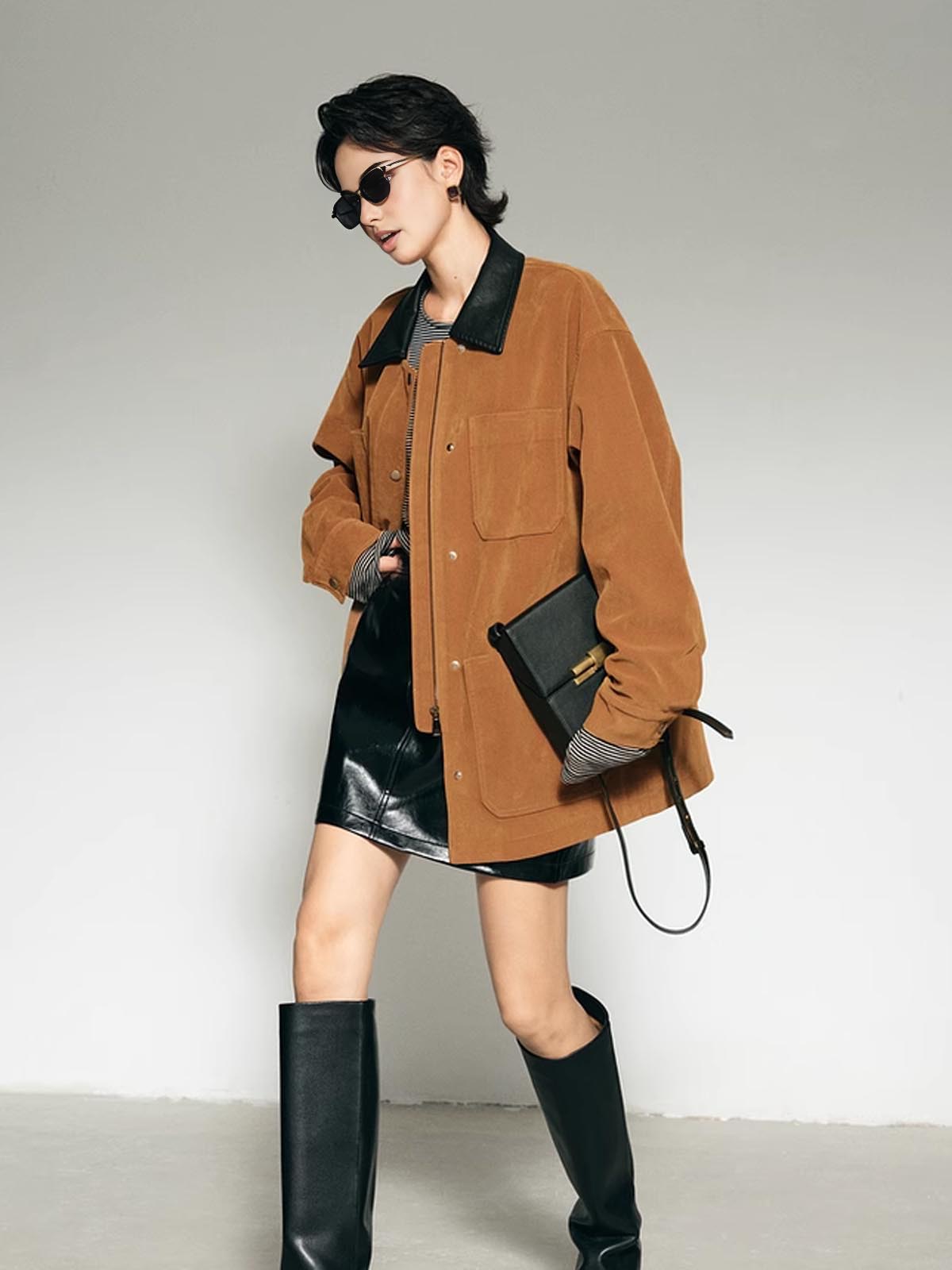 Contrast Collar Oversized Suede Effect Jacket-Chicvia