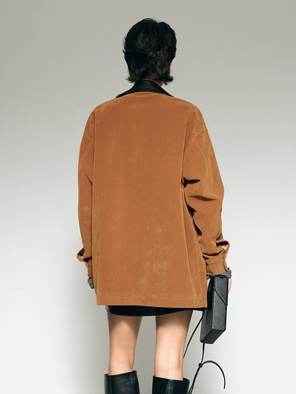 Contrast Collar Oversized Suede Effect Jacket-Chicvia