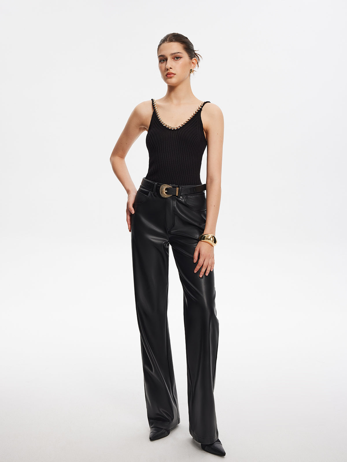 Metal-Trim Spaghetti Strap Sweater Vest-Chicvia