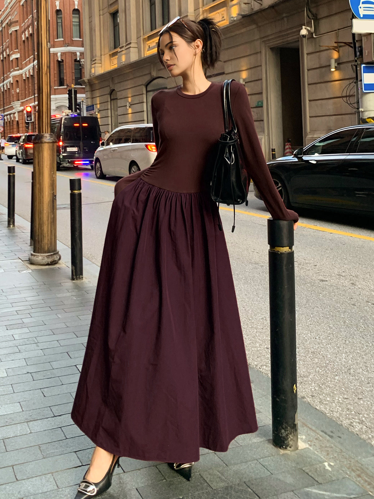 Plain Long Sleeve Pleated Dress-Chicvia