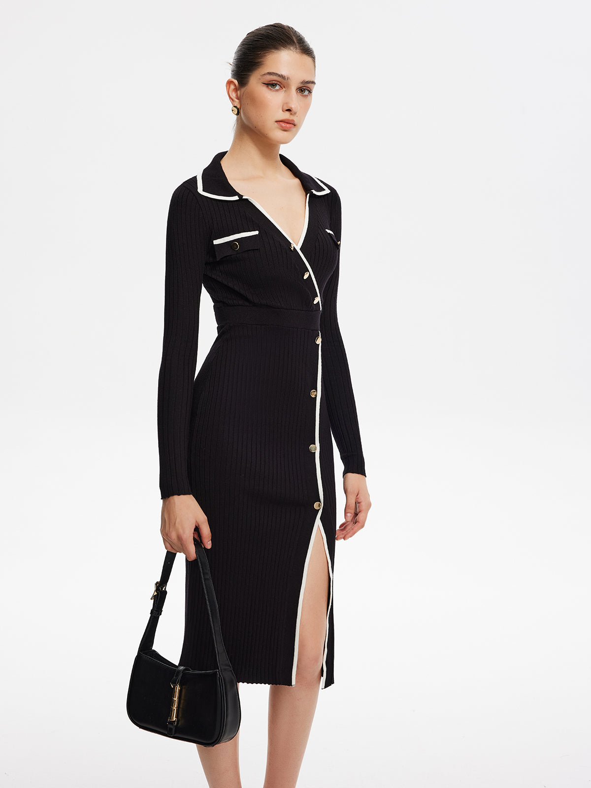 Contrast Trim Wrap Midi Knit Dress-Chicvia