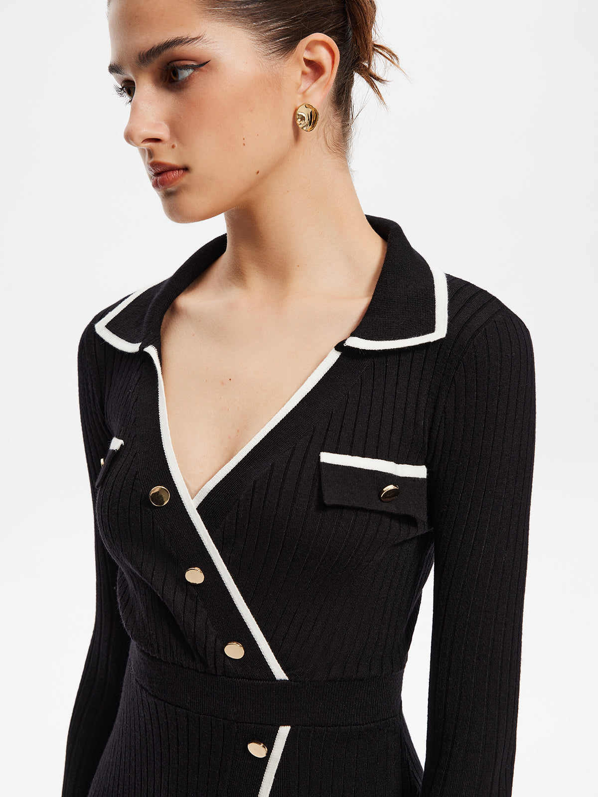 Contrast Trim Wrap Midi Knit Dress-Chicvia