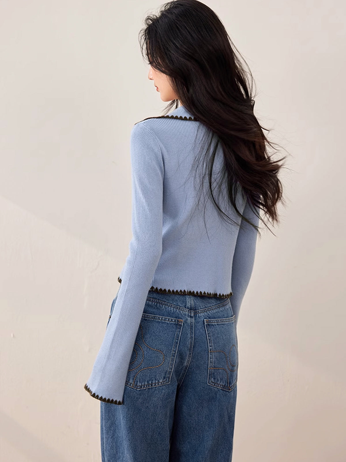 Embroidered Trim Lapel Cardigan-Chicvia