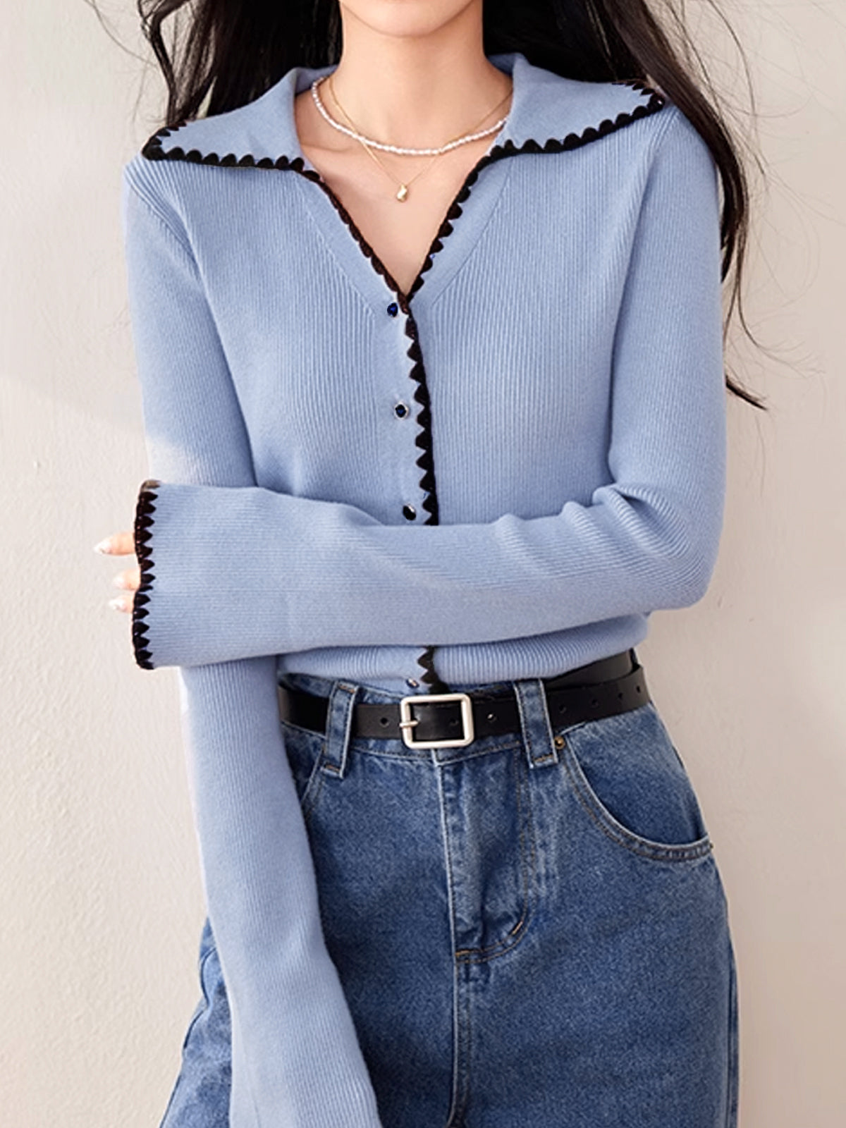 Embroidered Trim Lapel Cardigan-Chicvia