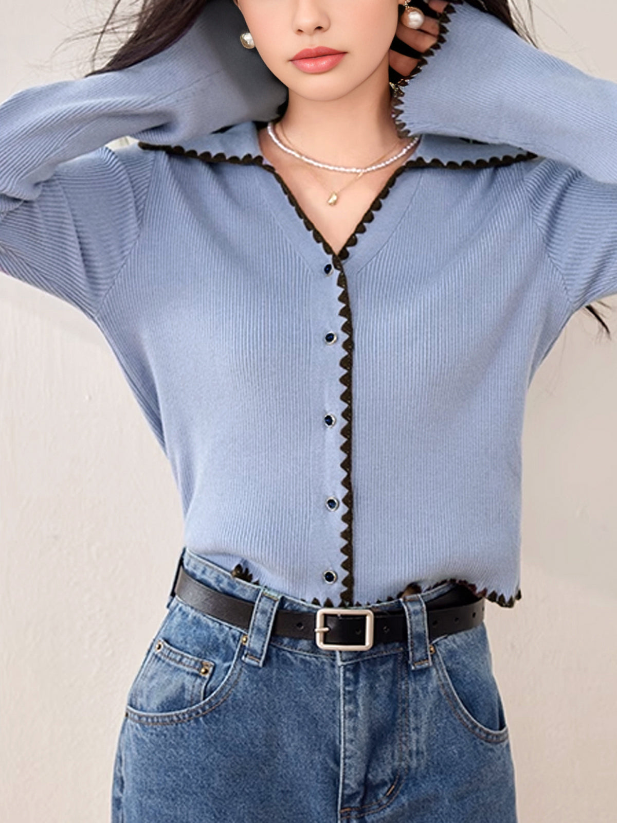 Embroidered Trim Lapel Cardigan-Chicvia