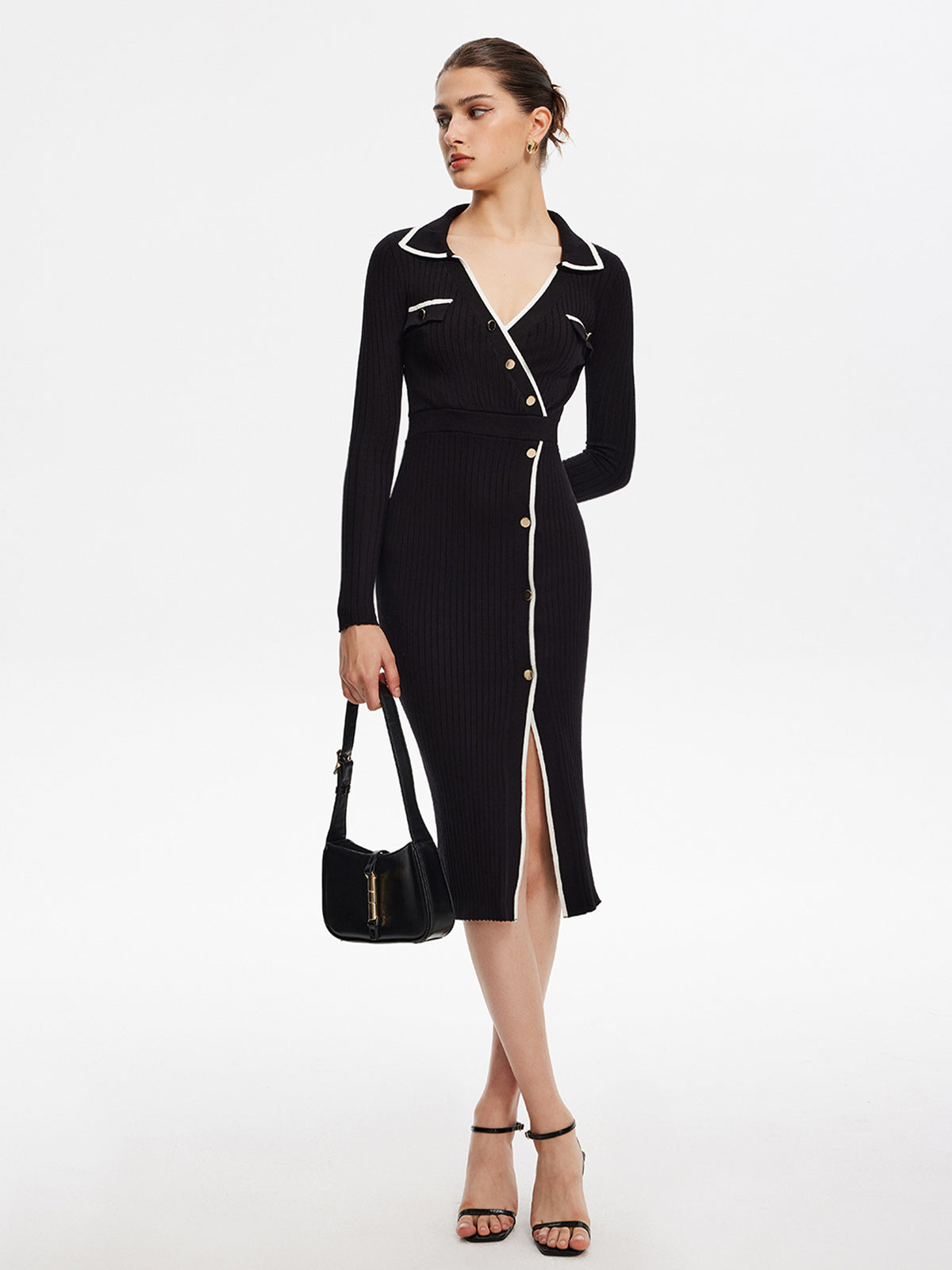 Contrast Trim Wrap Midi Knit Dress-Chicvia