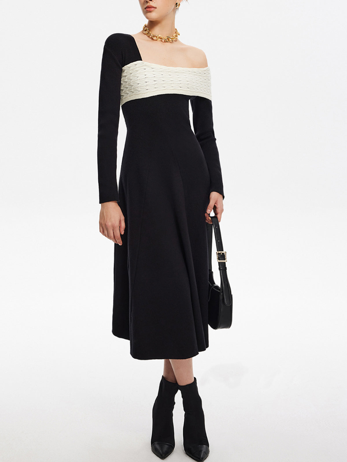 Color Block One-Shoulder Sweater Dress-Chicvia