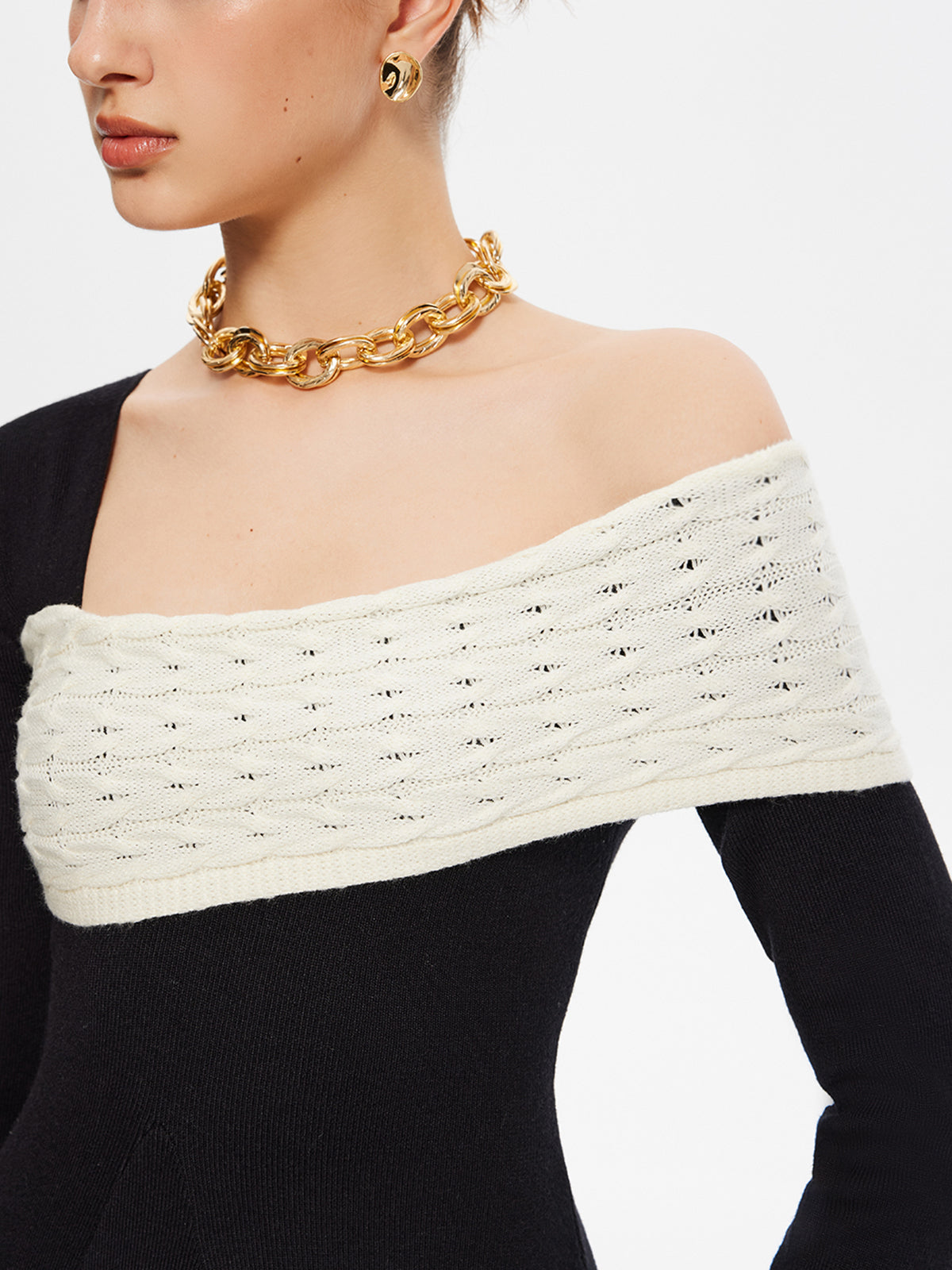 Color Block One-Shoulder Sweater Dress-Chicvia