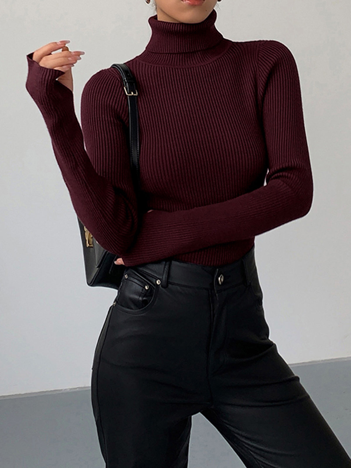 Minimalist Turtleneck Slim Knit Top-Chicvia