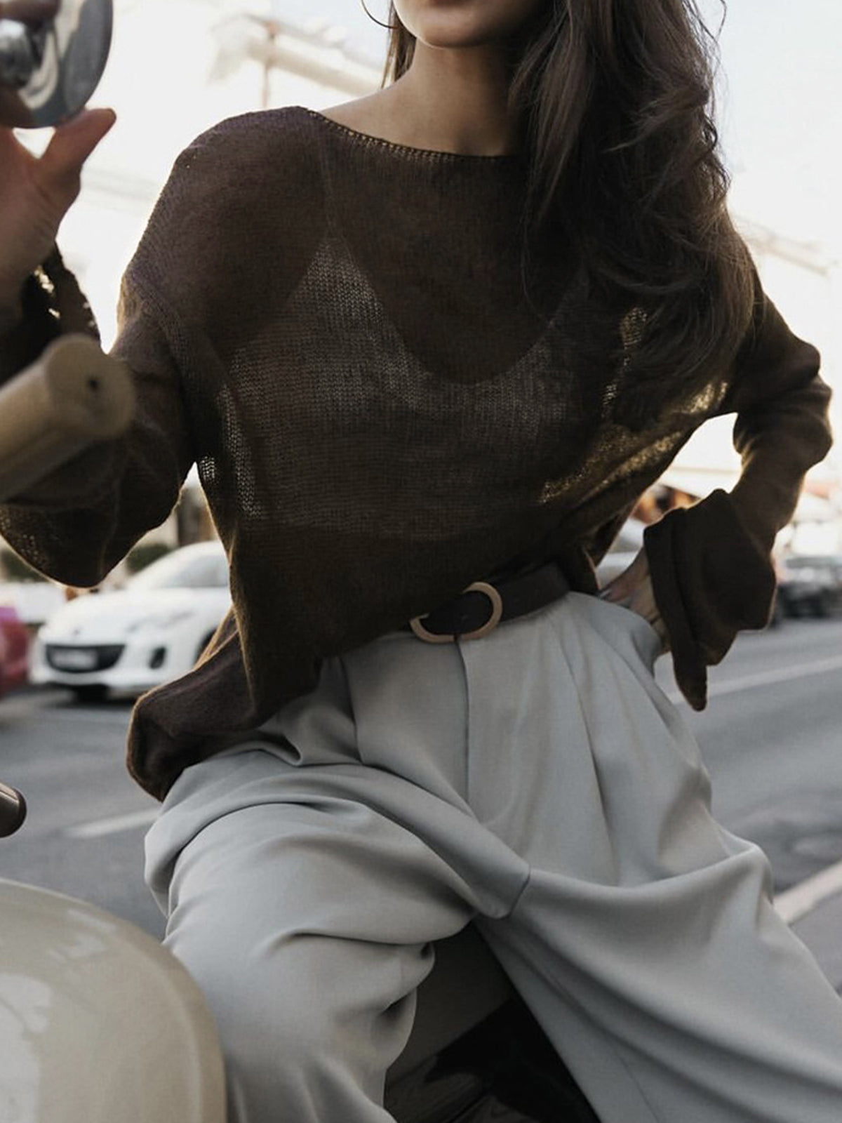 Hollow Draped Snug Knit Top-Chicvia