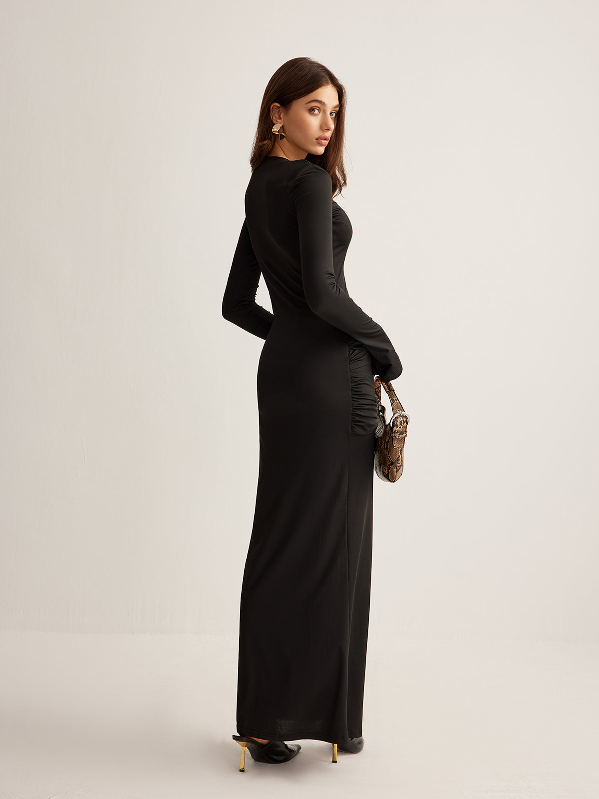 Metal-Ring Pleated Jersey Dress-Chicvia