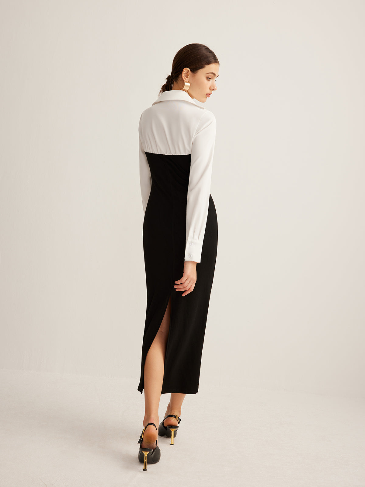 Color Block Skinny Lapel Dress-Chicvia