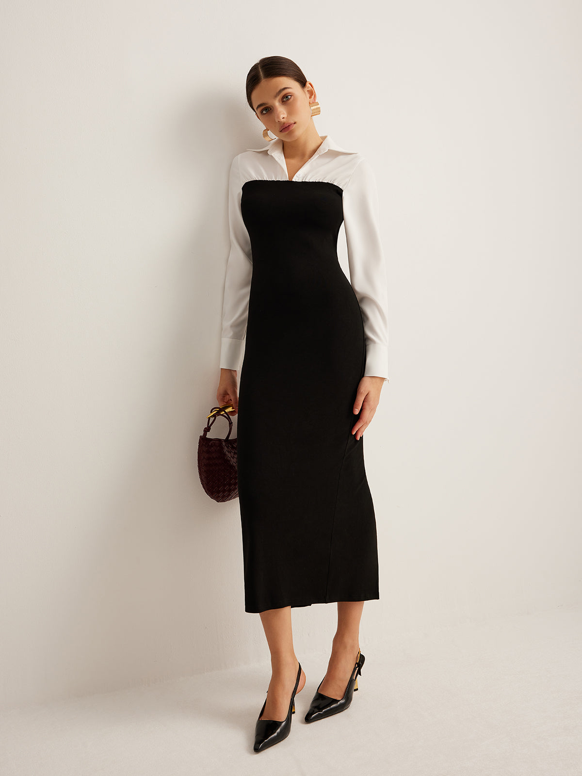 Color Block Skinny Lapel Dress-Chicvia