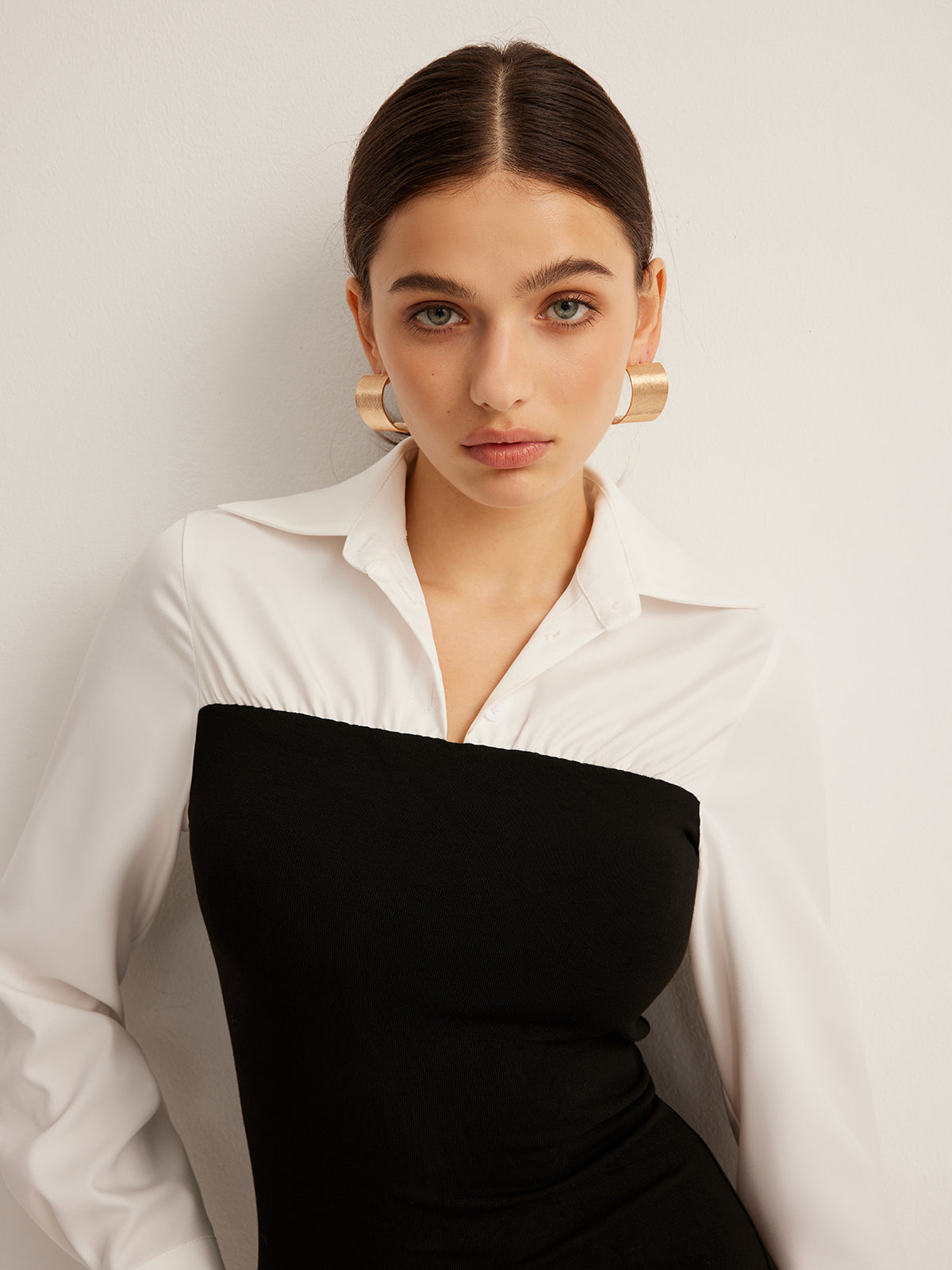 Color Block Skinny Lapel Dress-Chicvia