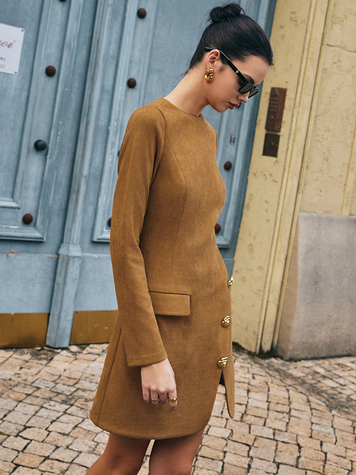 Floral-Detail Faux Leather Slim Dress-Chicvia