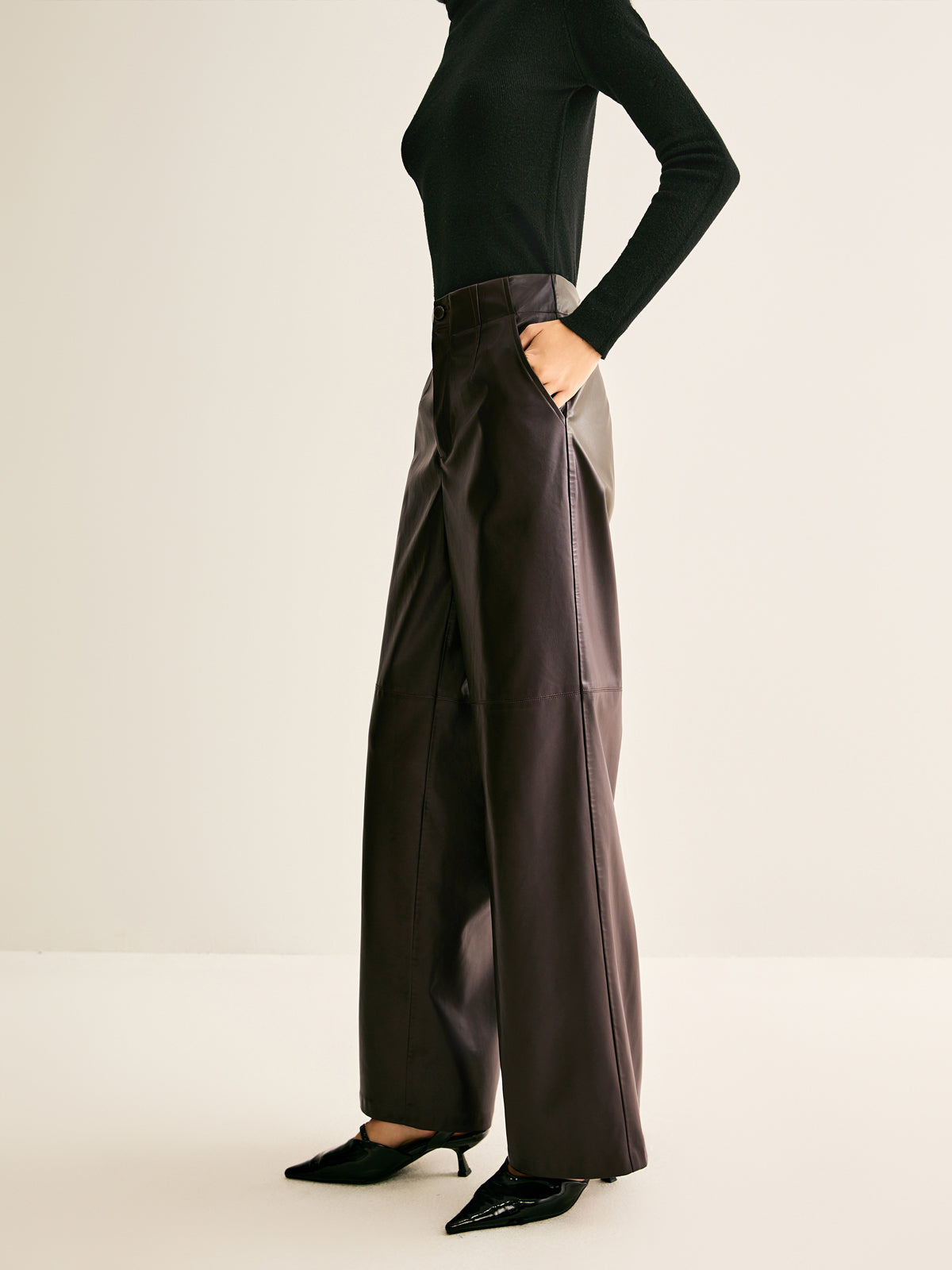 Faux Leather Mid Waist Pants-Chicvia