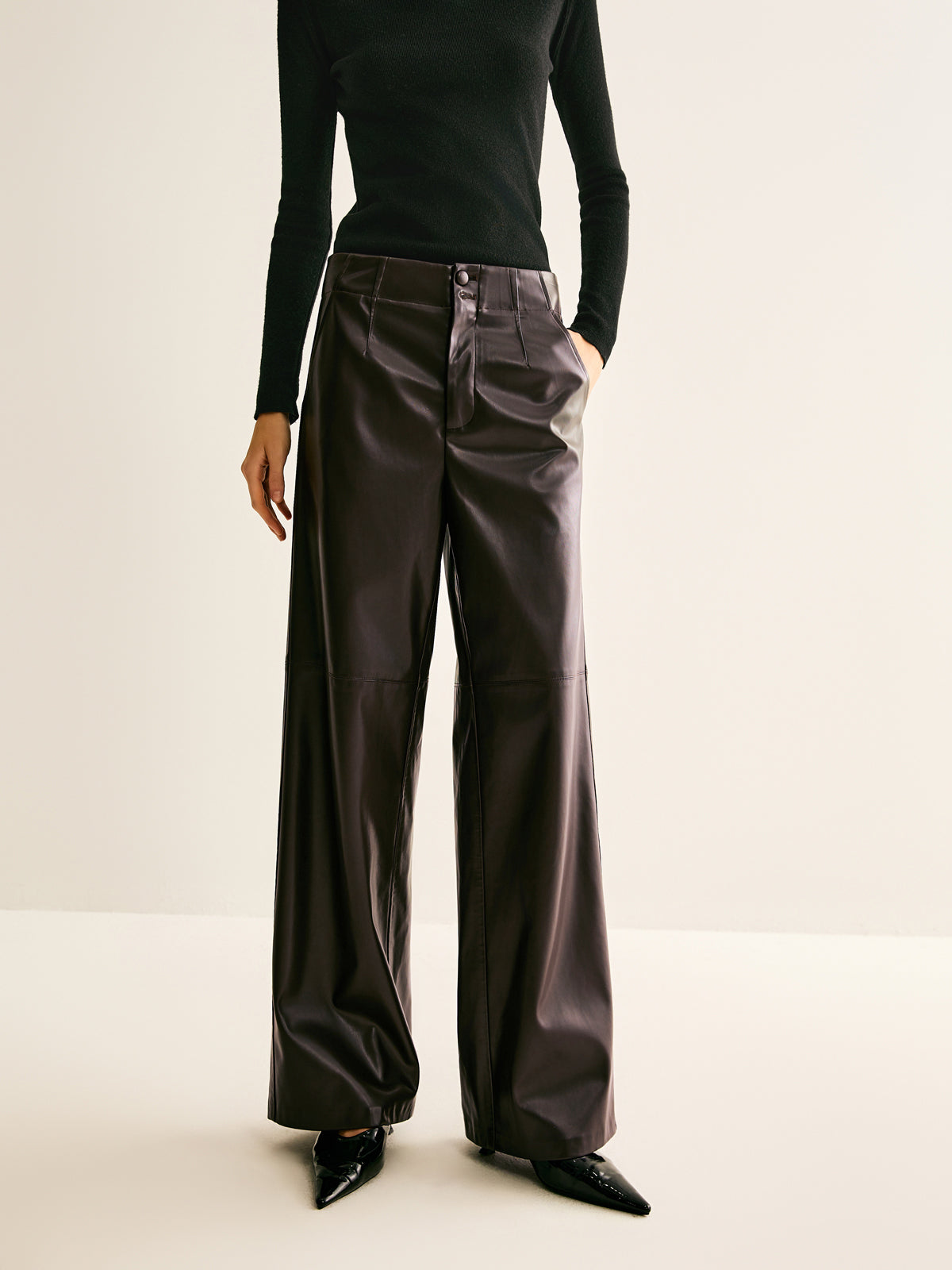 Faux Leather Mid Waist Pants-Chicvia