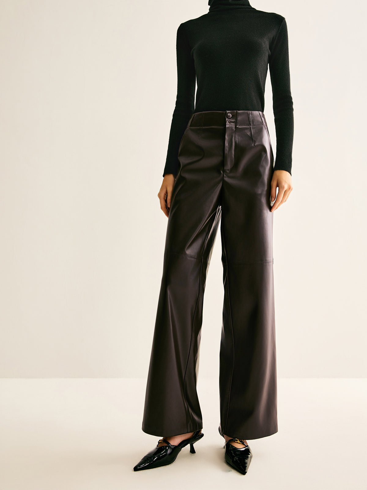 Faux Leather Mid Waist Pants-Chicvia