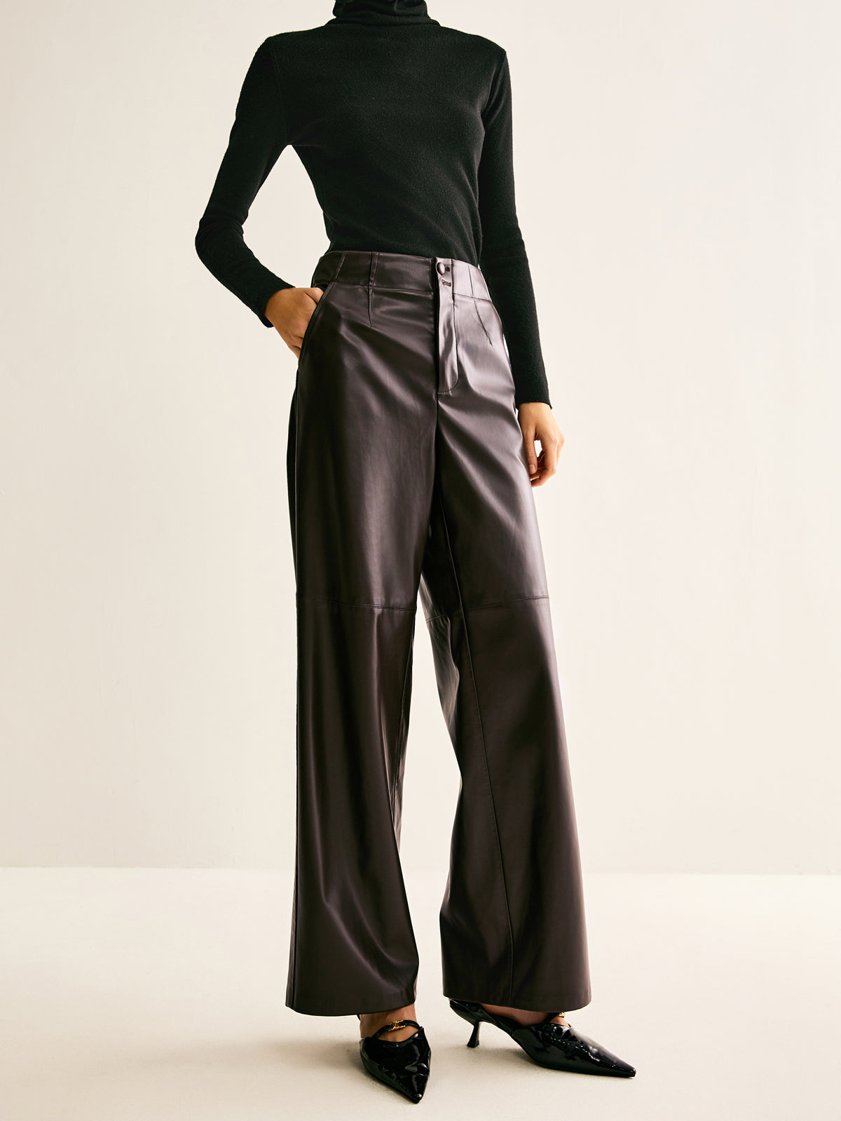 Faux Leather Mid Waist Pants-Chicvia