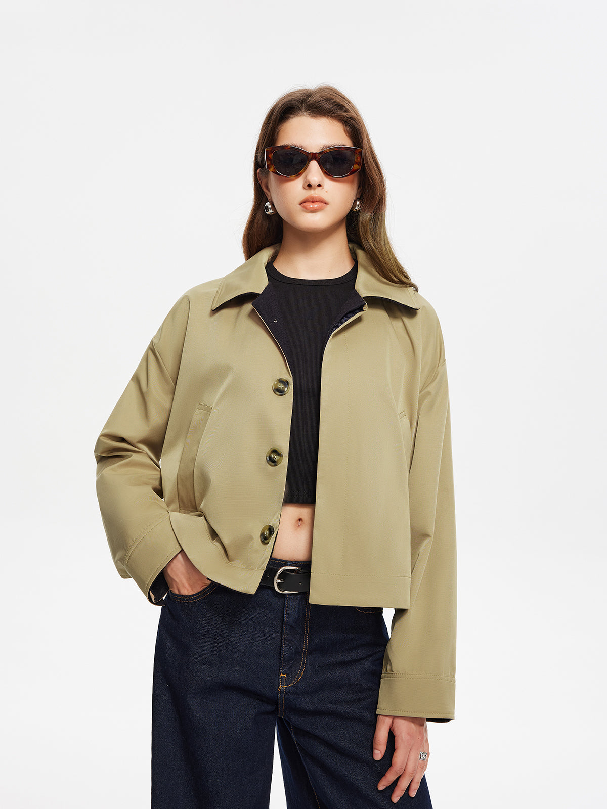 Contrast Belt Button Trench Coat-Chicvia