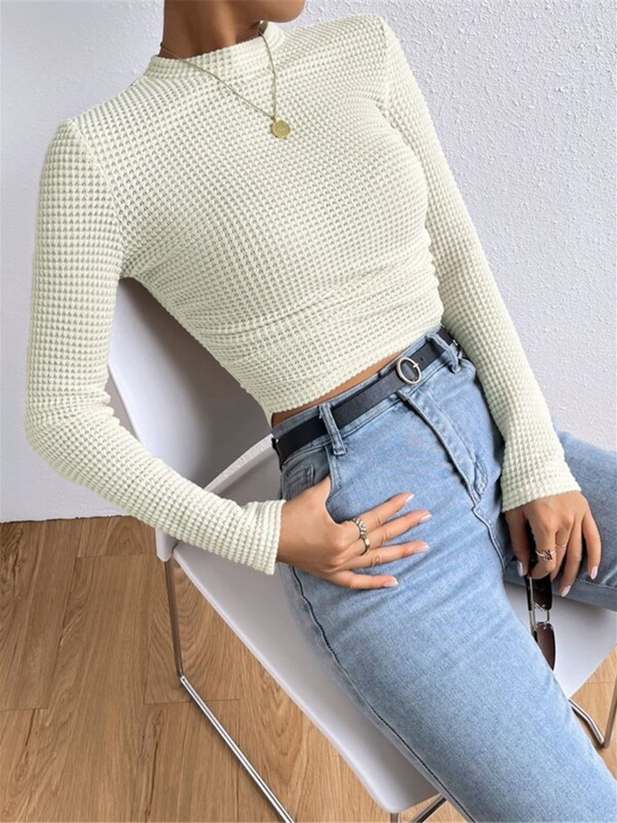 Plain Waffle Slim Sweater-Chicvia