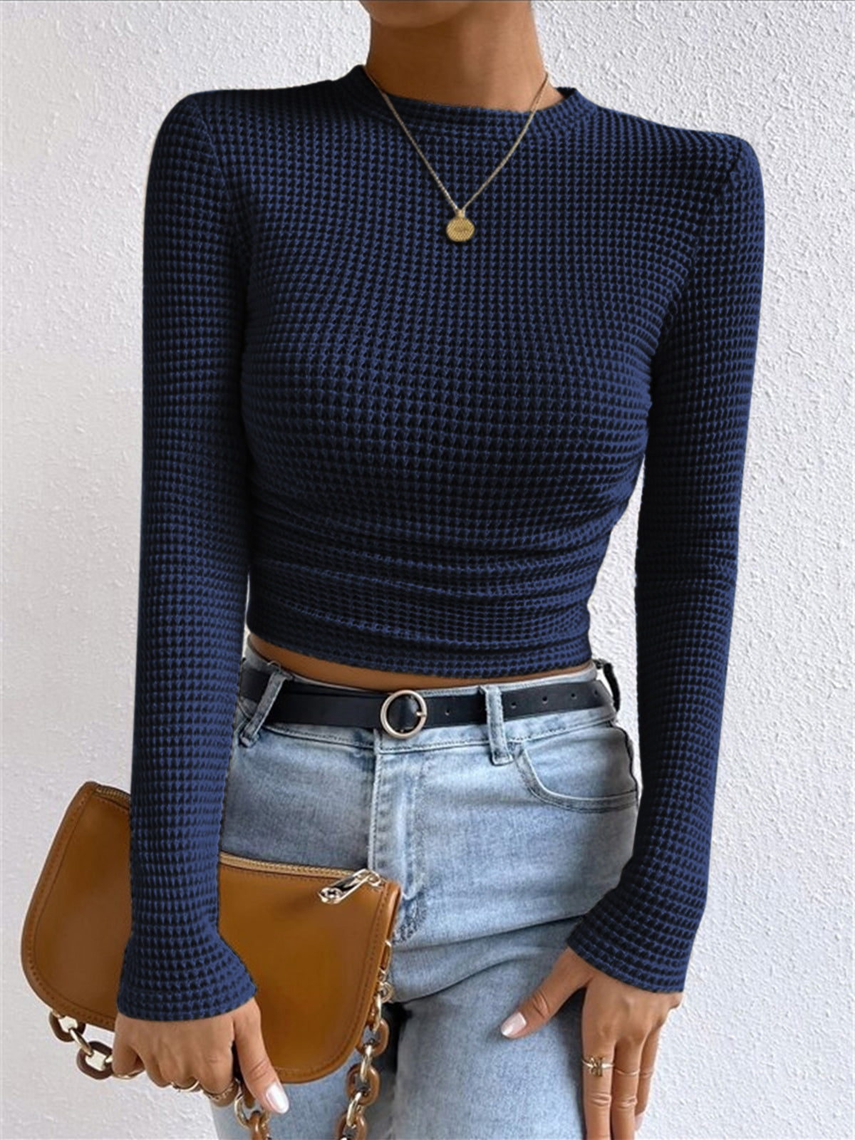 Plain Waffle Slim Sweater-Chicvia