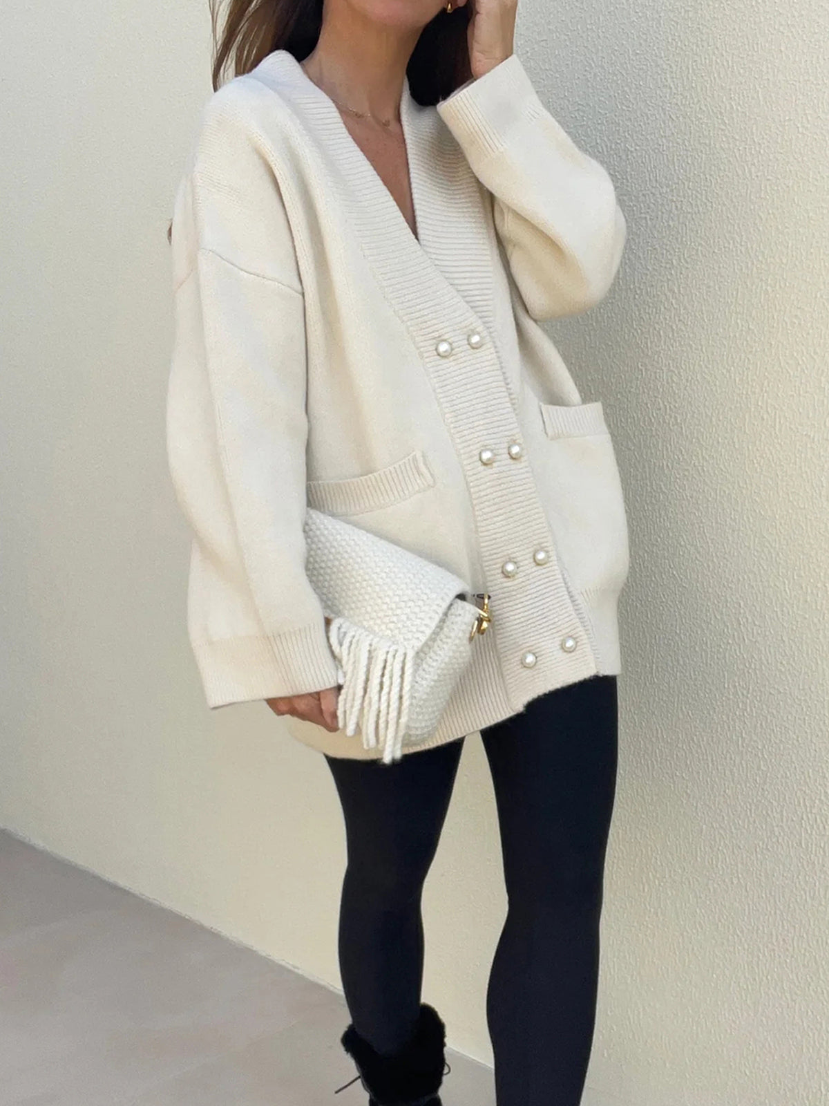 Elegant V-Neck Pockets Cardigan-Chicvia
